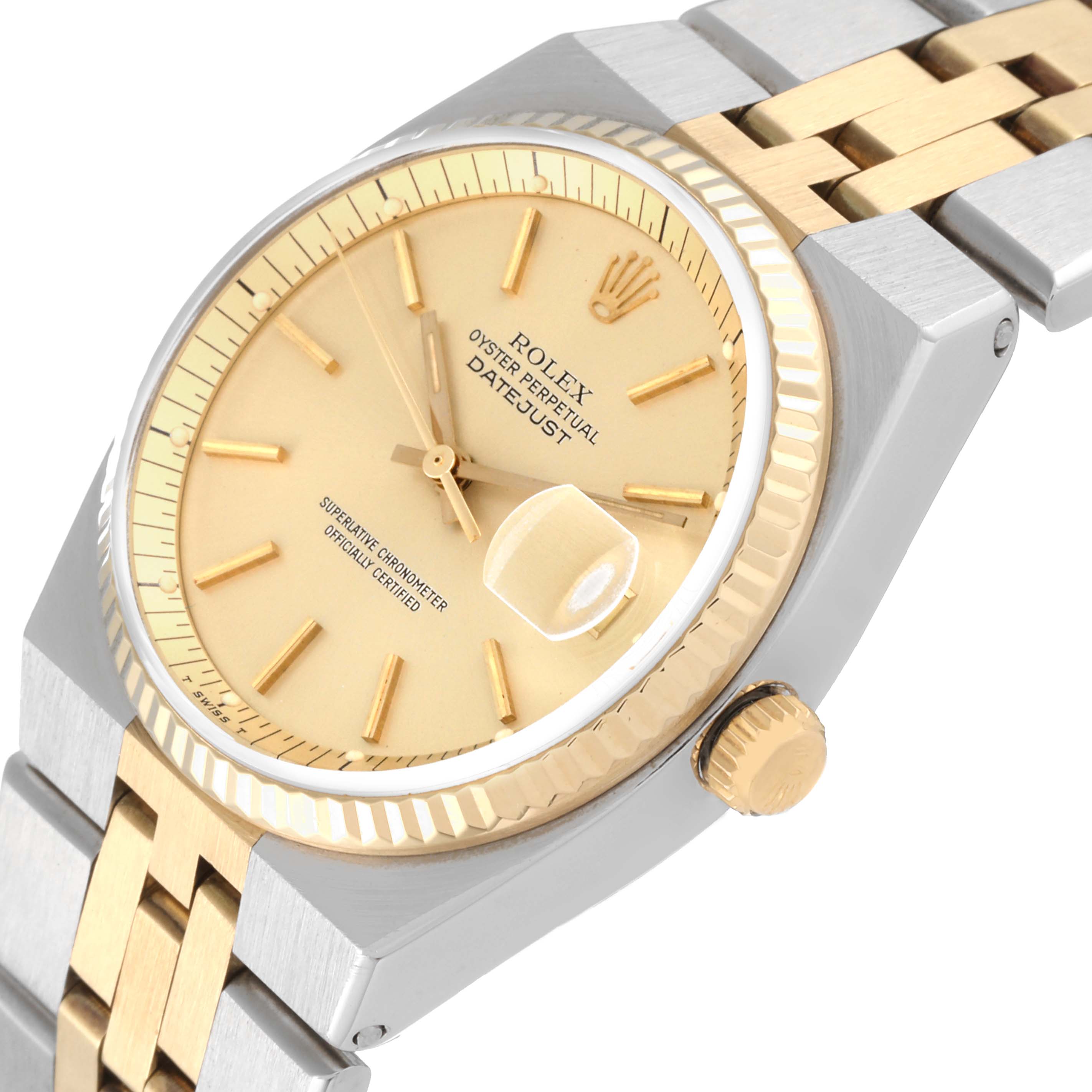 The image shows a Rolex Vintage Collection 1630 Men's Steel and Gold (two tone) Champagne Dial 1630 Men's Steel and Gold (two tone) Champagne Dial Datejust watch at an angle, highlighting its gold dial, bezel, crown, and bicolor bracelet.