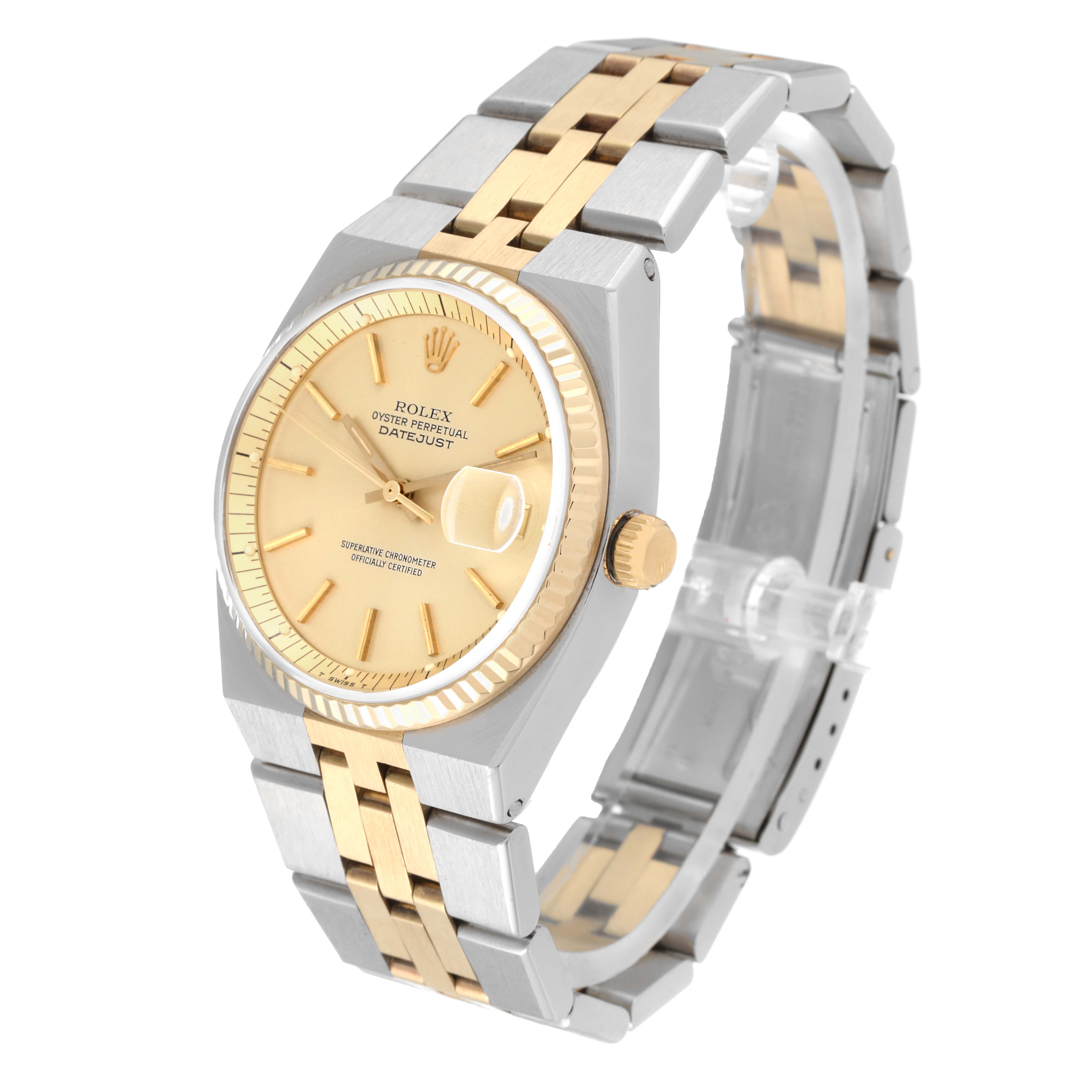 The Vintage Collection Rolex watch is shown at an angled view, displaying its gold and silver band, face with date window, and crown.