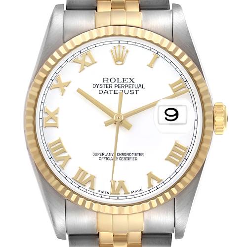 Photo of Rolex Datejust 36 White Roman Dial Steel Yellow Gold Mens Watch 16233 Box Papers