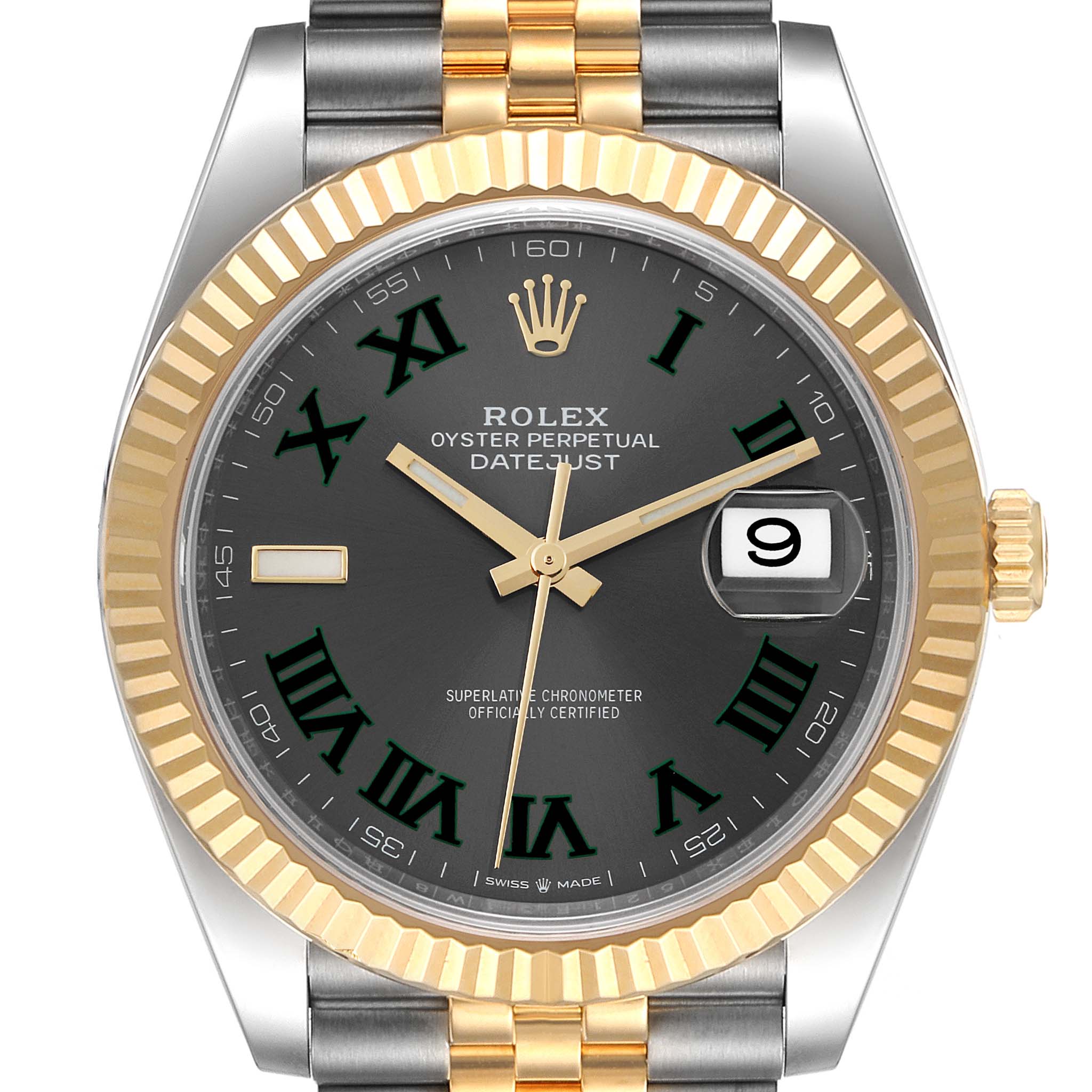 This image shows a front view of the Rolex Datejust 41 126333 Men's Steel and Gold (two tone) Grey Dial 126333 Men's Steel and Gold (two tone) Grey Dial watch, displaying its dial, hands, fluted bezel, and portion of the two-tone bracelet.