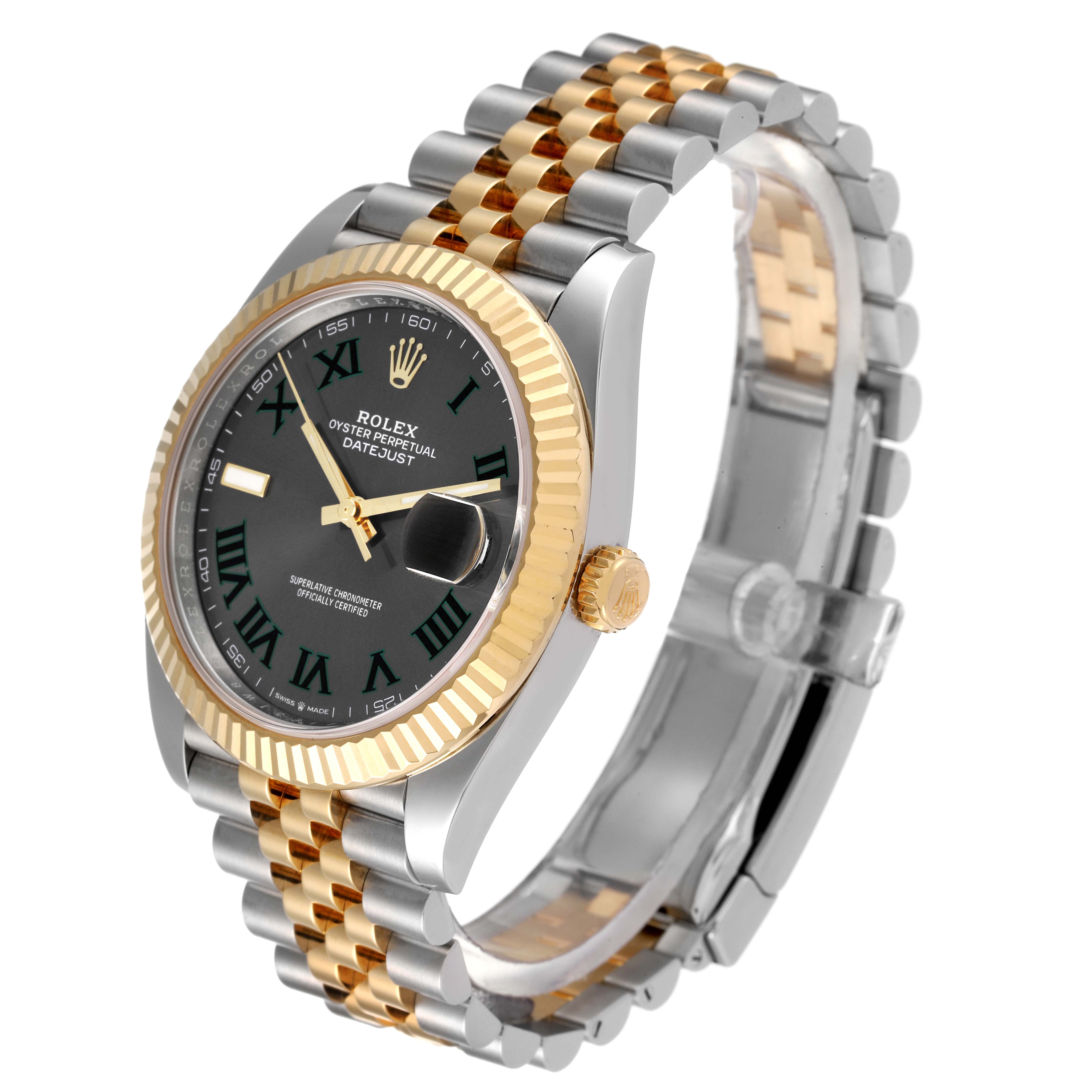 The Rolex Datejust 41 126333 Men's Steel and Gold (two tone) Grey Dial 126333 Men's Steel and Gold (two tone) Grey Dial model is shown at an angle displaying the face, bezel, crown, and two-tone bracelet.