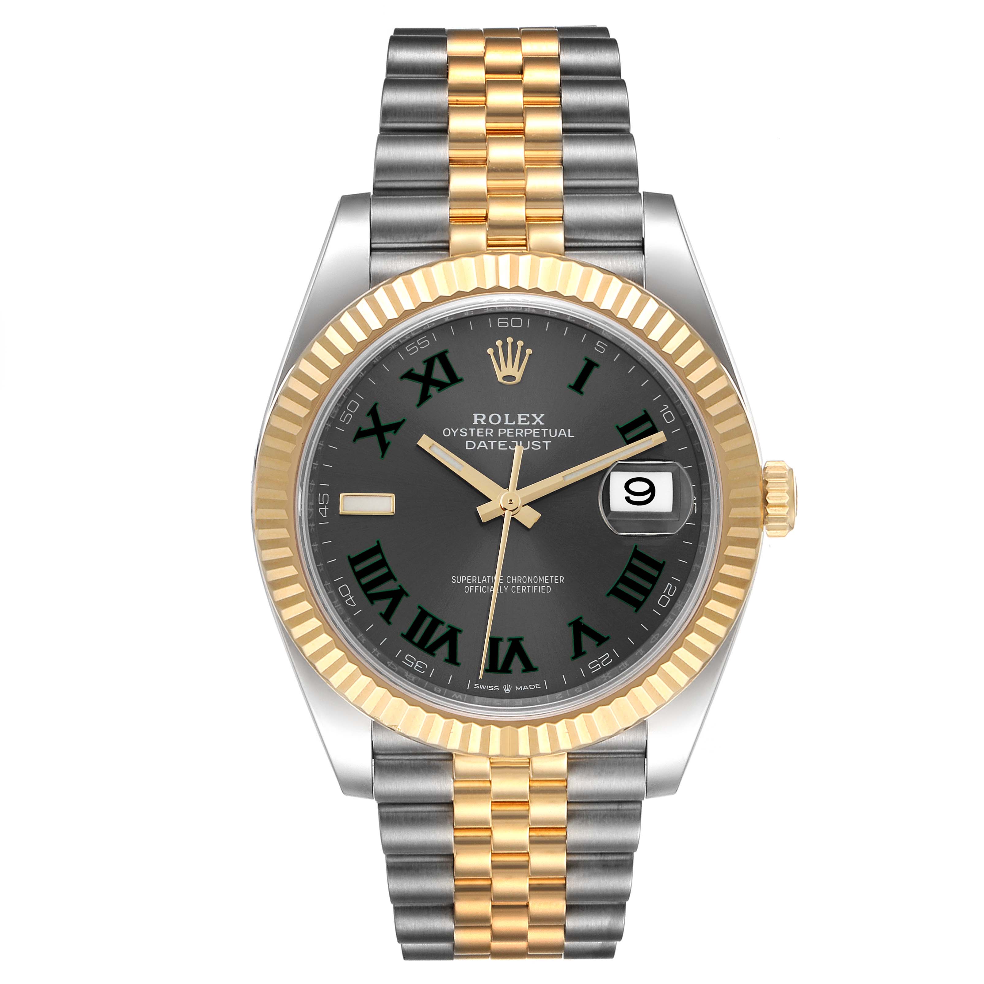 This Rolex Datejust 41 126333 Men's Steel and Gold (two tone) Grey Dial 126333 Men's Steel and Gold (two tone) Grey Dial model watch is shown from a front view, highlighting the dial, bezel, and Jubilee bracelet.