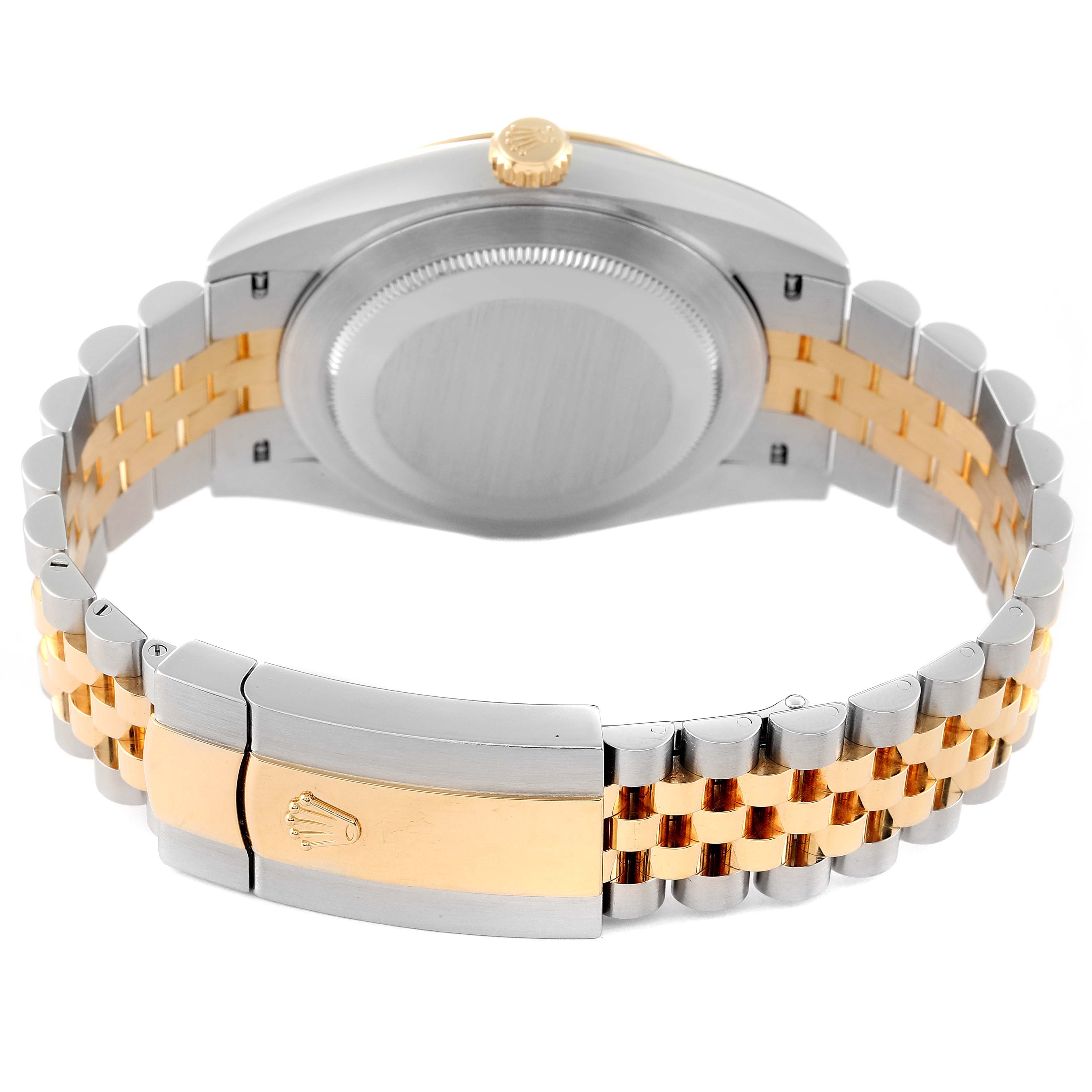 The image shows the back of a Rolex Datejust 41 126333 Men's Steel and Gold (two tone) Grey Dial 126333 Men's Steel and Gold (two tone) Grey Dial watch, highlighting the case back and the two-tone jubilee bracelet and clasp.