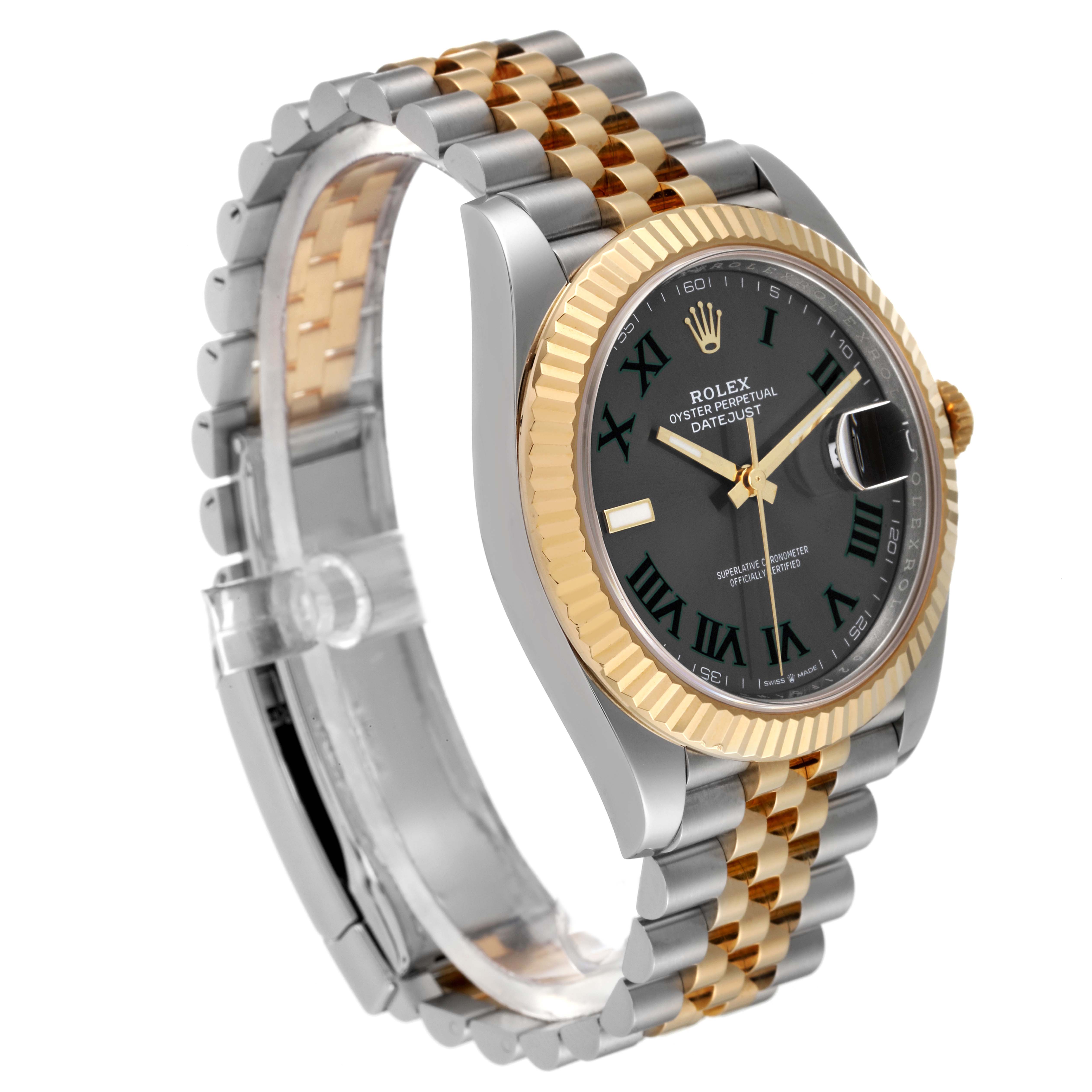 The Rolex Datejust 41 126333 Men's Steel and Gold (two tone) Grey Dial 126333 Men's Steel and Gold (two tone) Grey Dial watch is shown at a three-quarter angle, displaying the bezel, dial, and Jubilee bracelet.