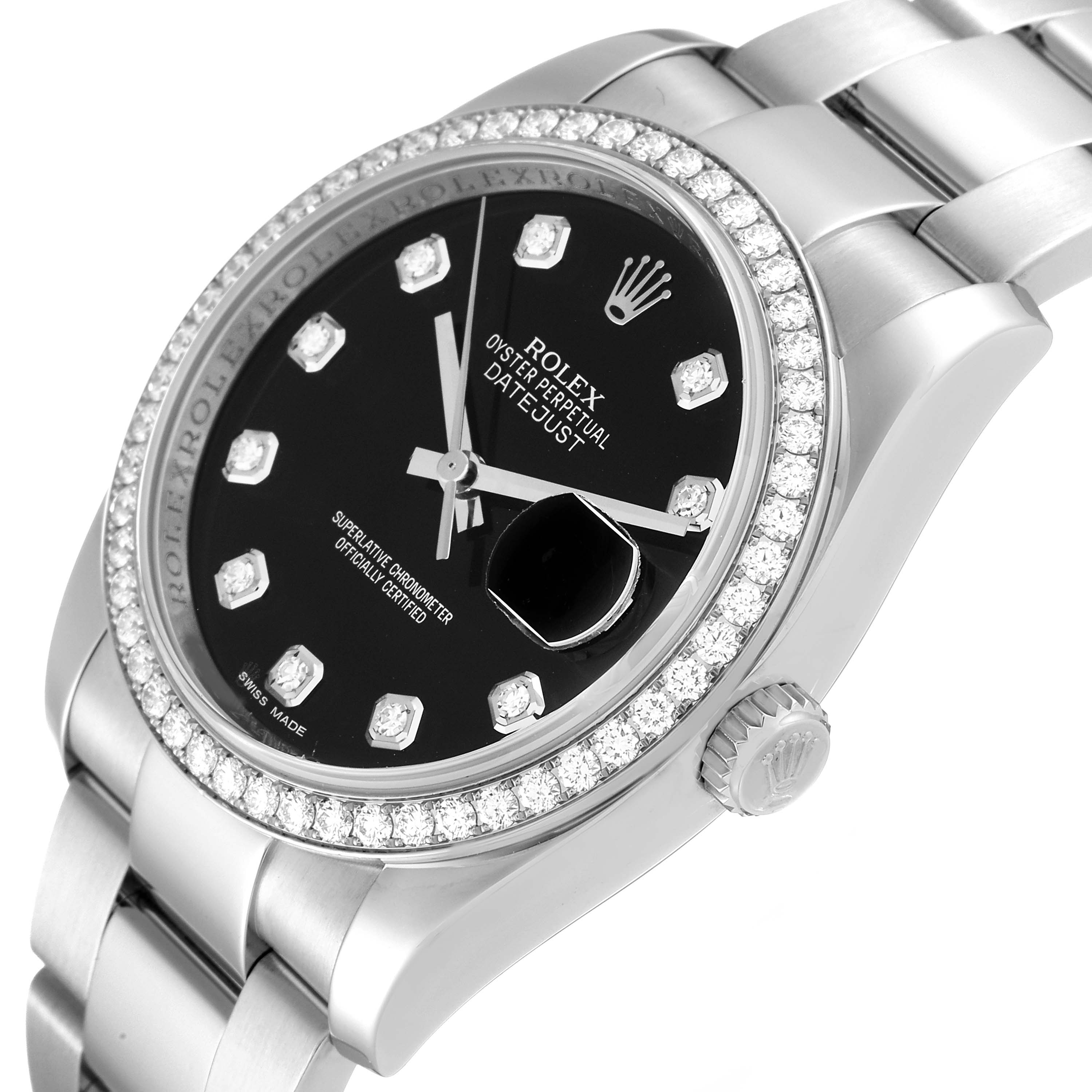 The image shows a side angle of the Rolex Datejust 116244 Men's Stainless Steel Black Dial 116244 Men's Stainless Steel Black Dial watch, displaying its bracelet, bezel, dial, and crown.