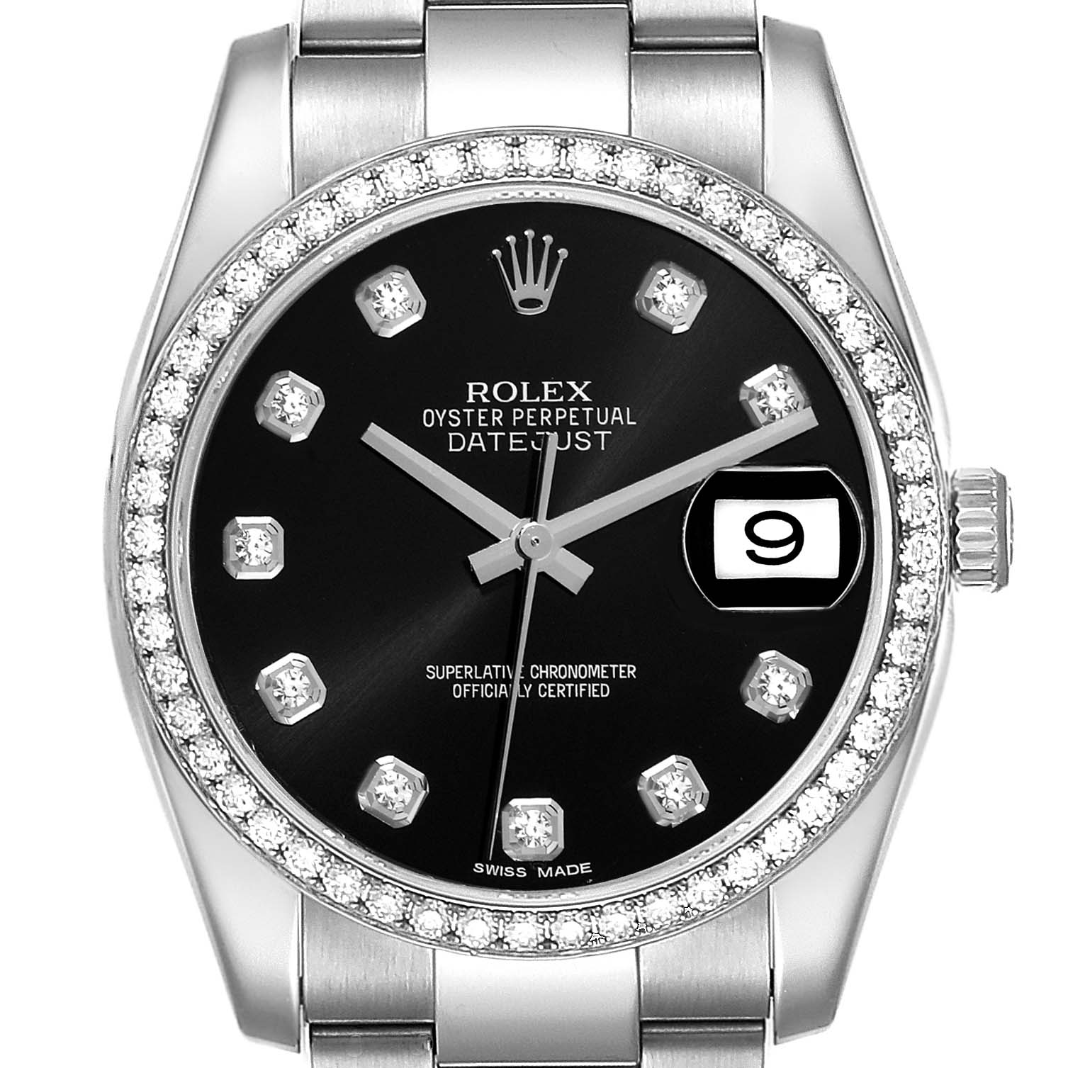 This image shows a face-on view of a Rolex Datejust 116244 Men's Stainless Steel Black Dial 116244 Men's Stainless Steel Black Dial watch, highlighting its black dial, diamond hour markers, and date window.