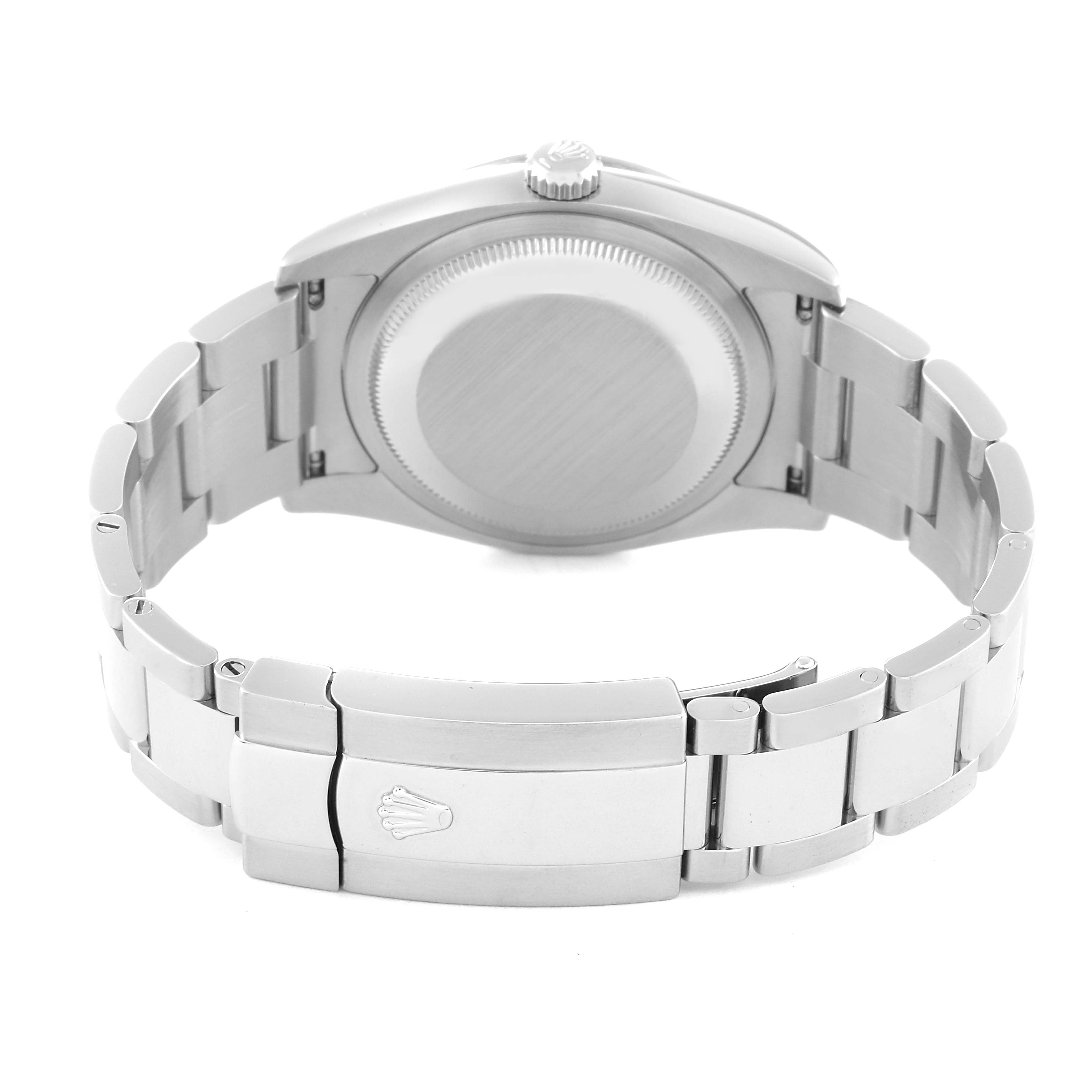 This image shows the back view of a Rolex Datejust 116244 Men's Stainless Steel Black Dial 116244 Men's Stainless Steel Black Dial watch, highlighting the case back and metal bracelet.