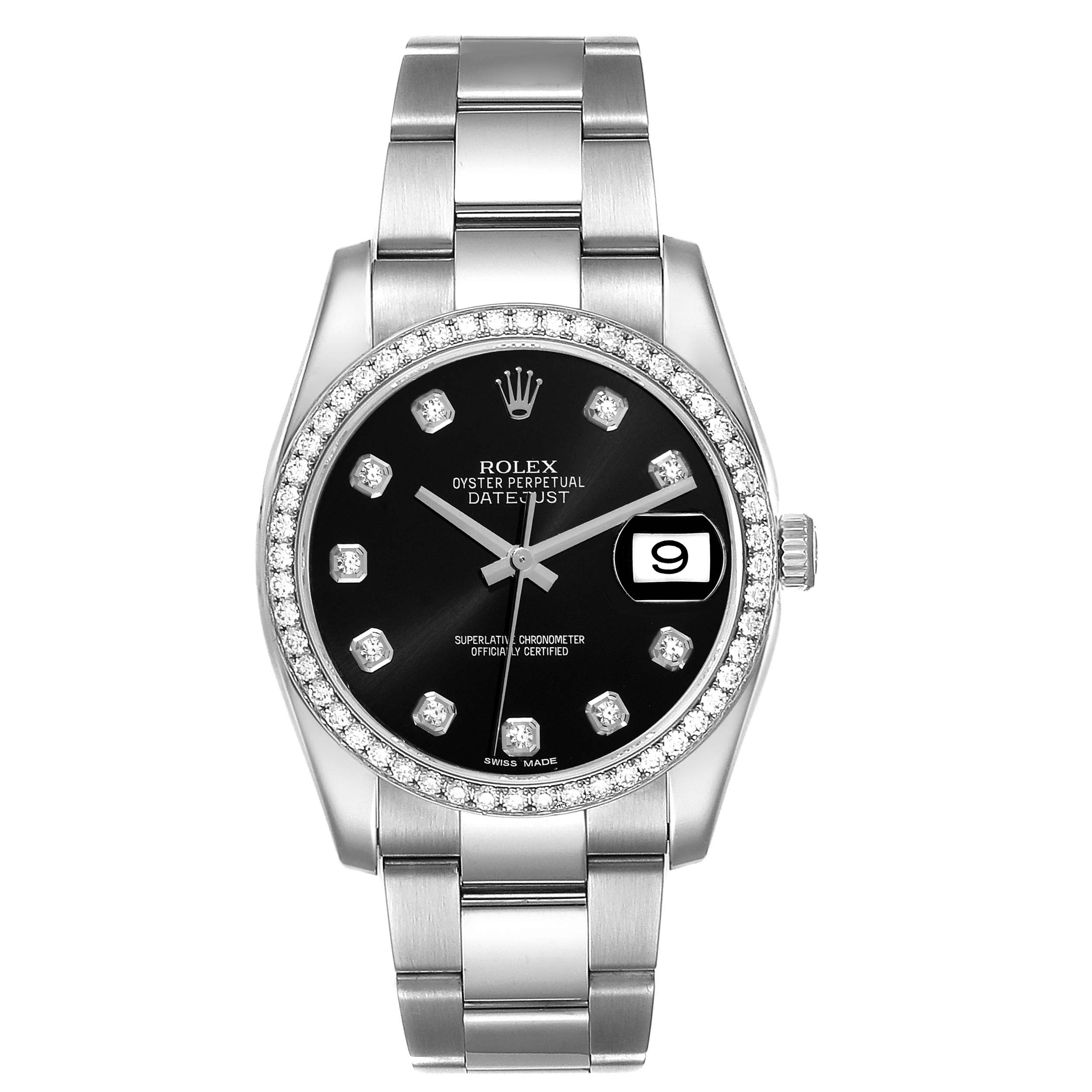 The image shows a front view of a Rolex Datejust 116244 Men's Stainless Steel Black Dial 116244 Men's Stainless Steel Black Dial watch with a black dial and silver bracelet.