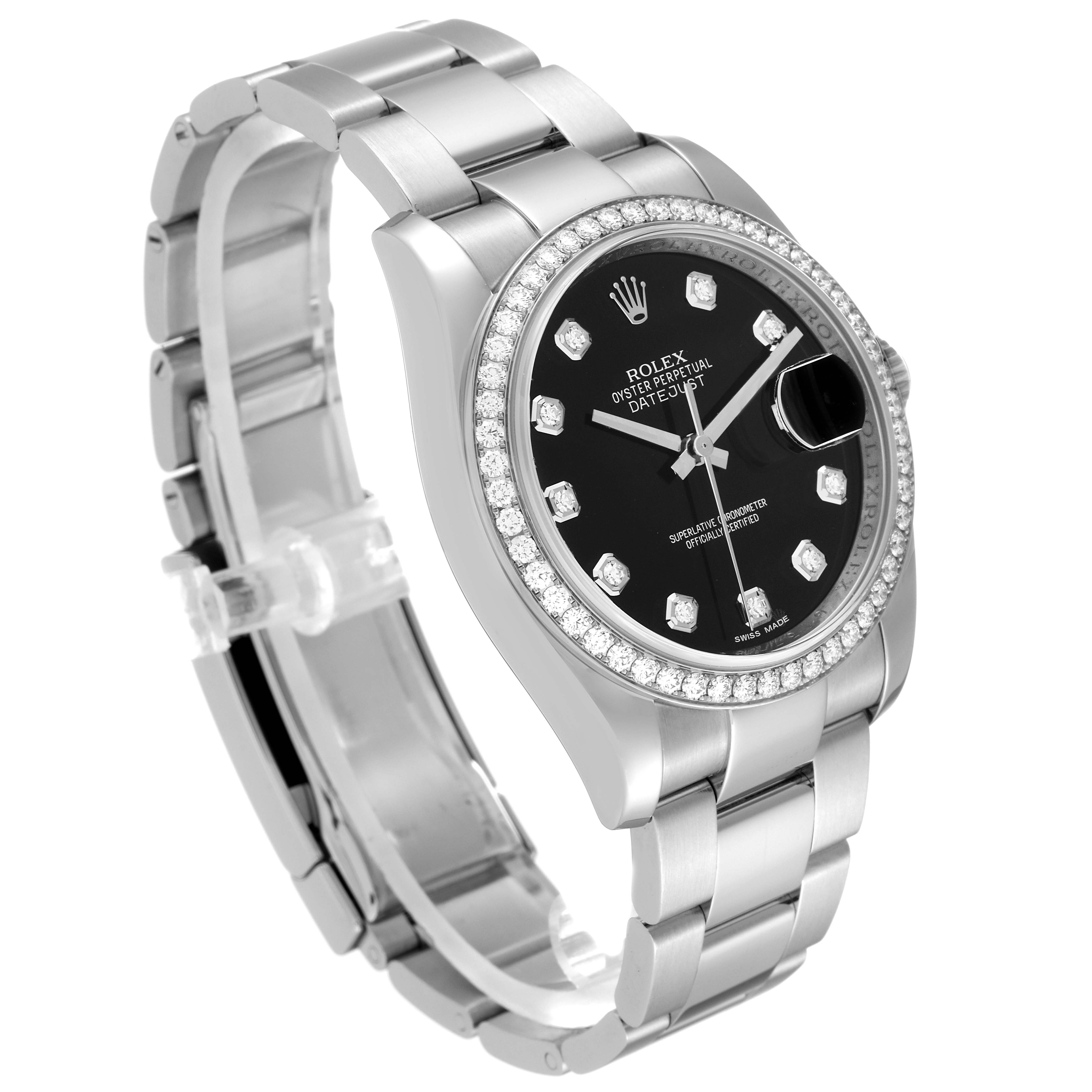 The Rolex Datejust 116244 Men's Stainless Steel Black Dial 116244 Men's Stainless Steel Black Dial watch is shown at a three-quarter angle, highlighting the stainless steel band, black dial, and diamond-set bezel.
