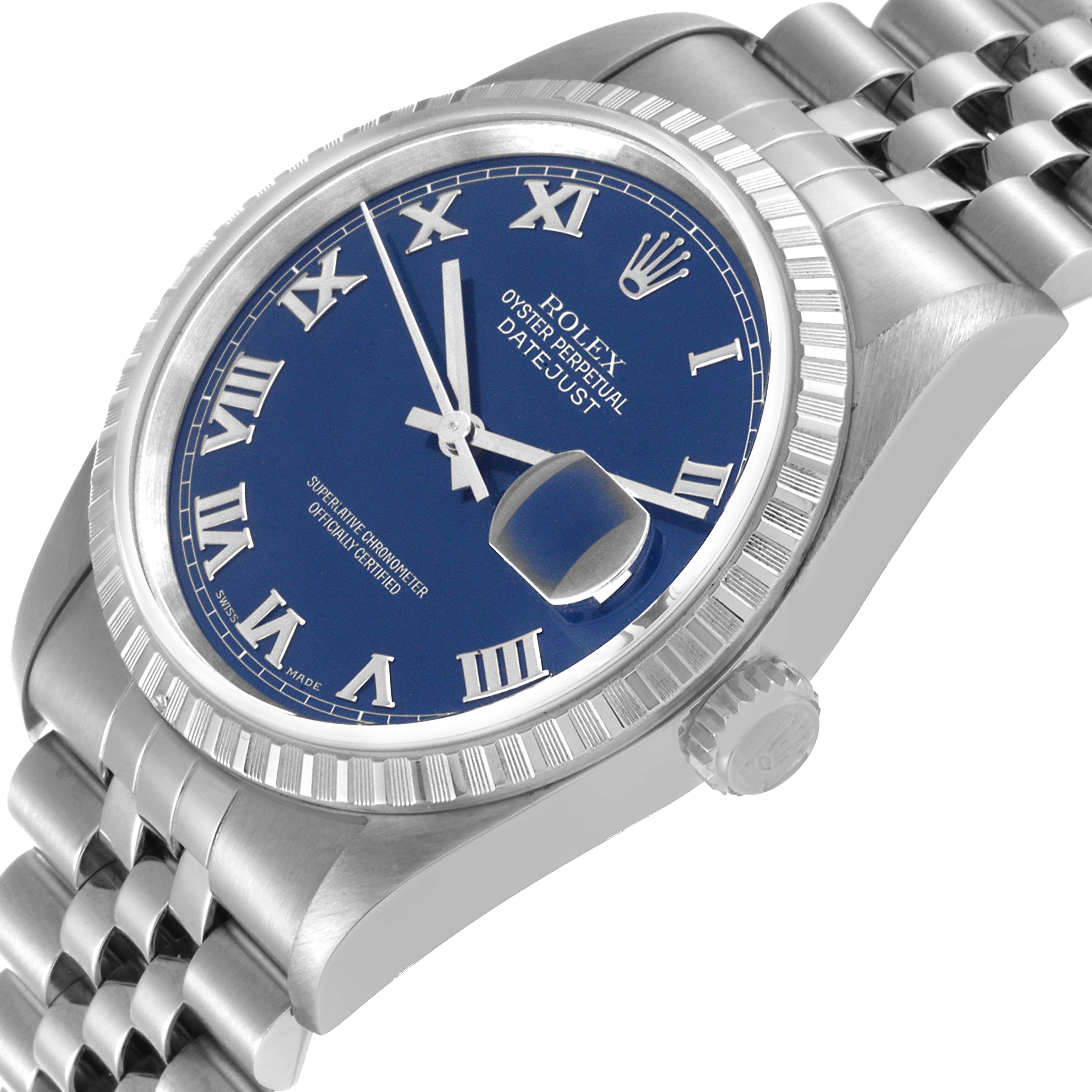 The image shows a Rolex Datejust 16220 Men's Stainless Steel Blue Dial 16220 Men's Stainless Steel Blue Dial watch at an angle, highlighting its blue dial, fluted bezel, and Jubilee bracelet.