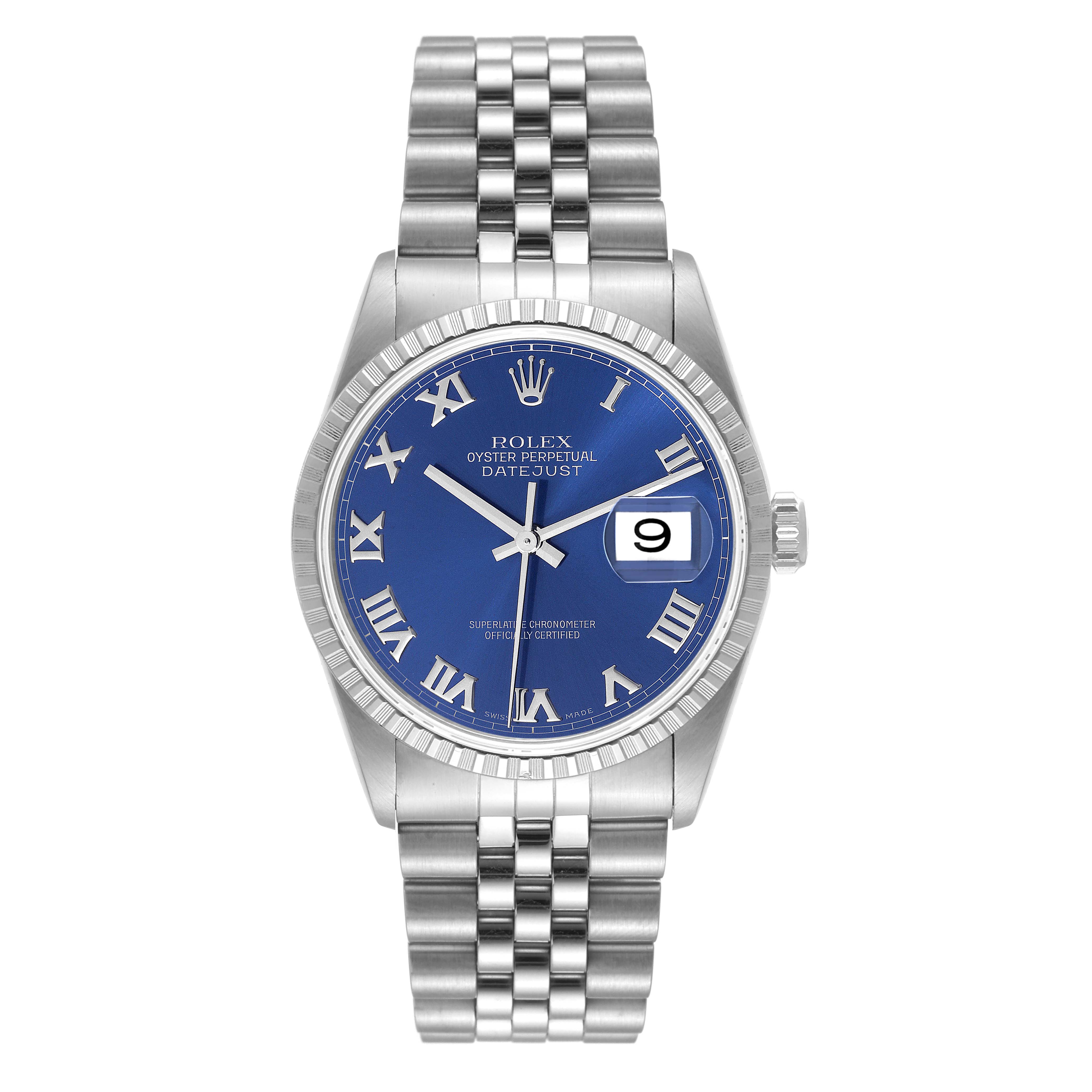 Rolex Datejust Blue Dial Engine Turned Bezel Steel Mens Watch 16220 SwissWatchExpo