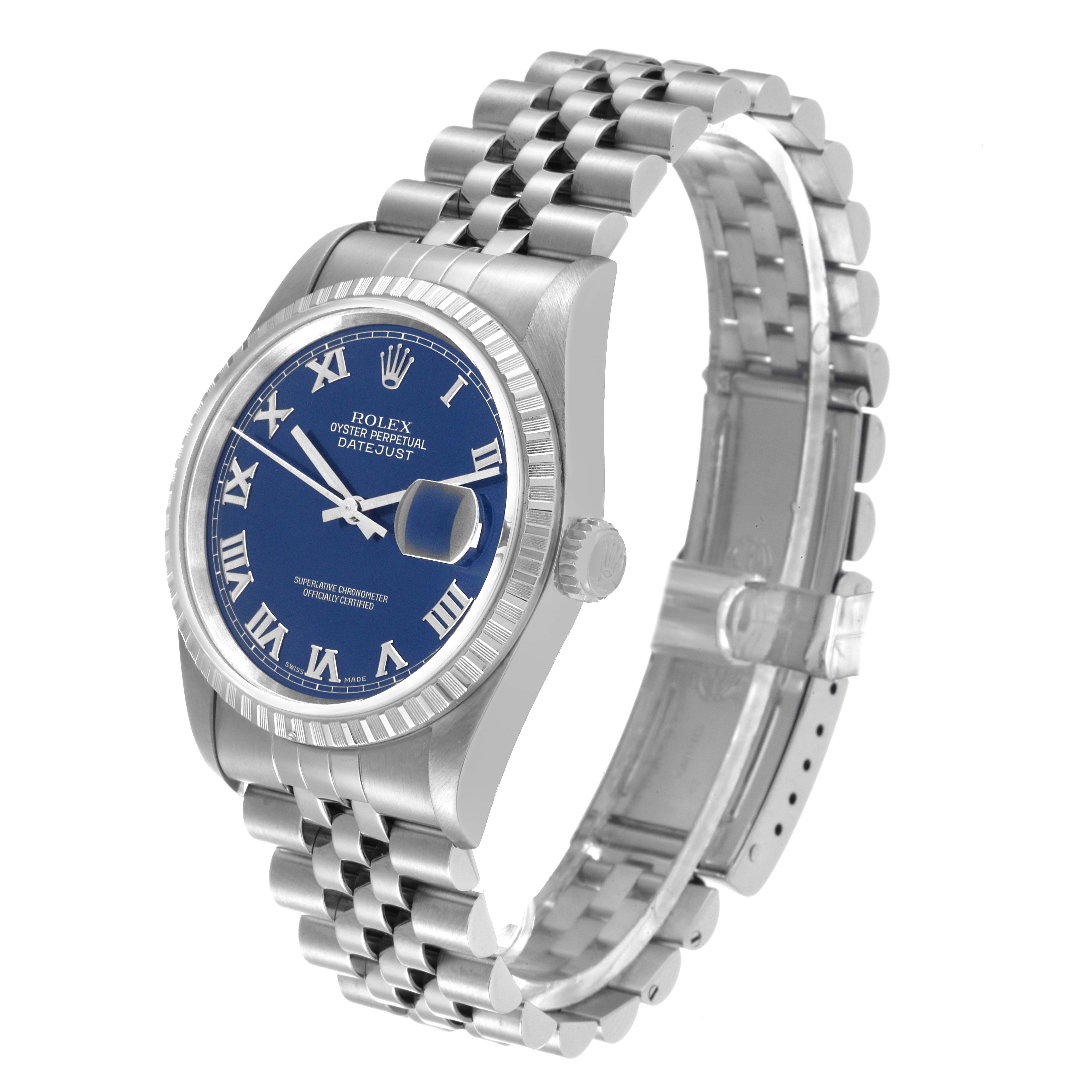 This Rolex Datejust 16220 Men's Stainless Steel Blue Dial 16220 Men's Stainless Steel Blue Dial watch is shown at a slight angle, highlighting the face, bezel, crown, and Jubilee bracelet.