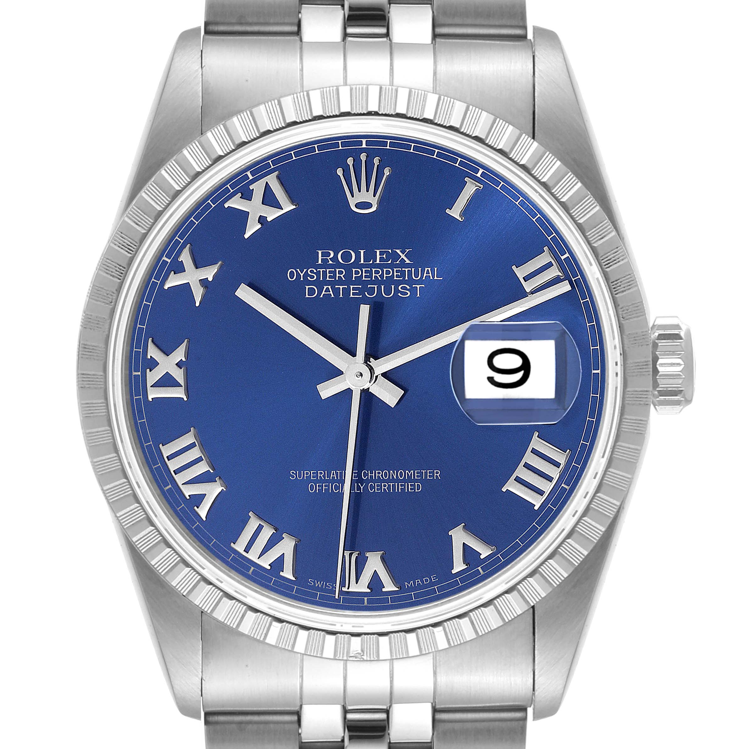 The image shows a front view of a Rolex Datejust 16220 Men's Stainless Steel Blue Dial 16220 Men's Stainless Steel Blue Dial watch, highlighting the blue dial, Roman numerals, and date window.
