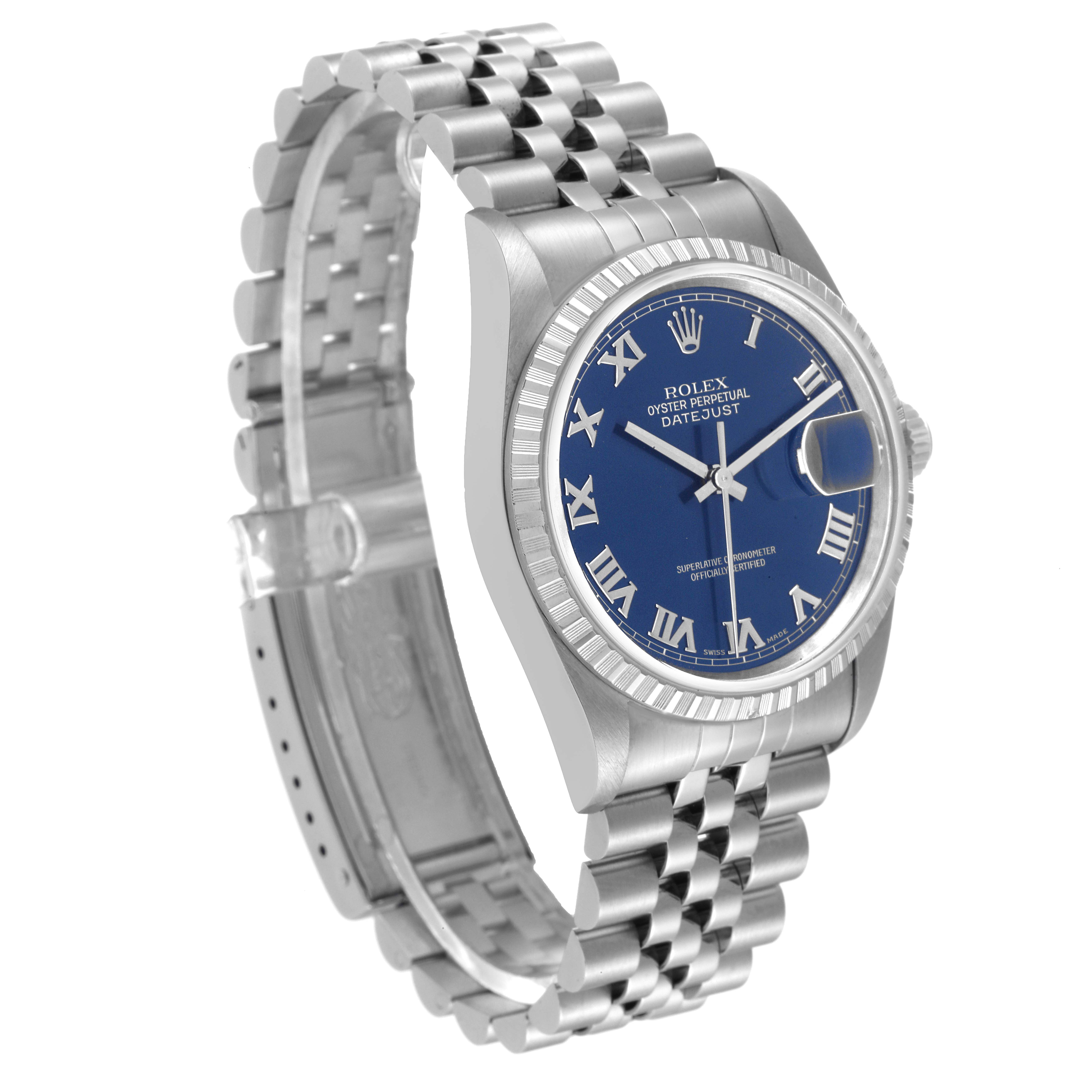 This image of the Rolex Datejust 16220 Men's Stainless Steel Blue Dial 16220 Men's Stainless Steel Blue Dial watch shows a three-quarter angle, highlighting the blue dial, fluted bezel, and Jubilee bracelet.