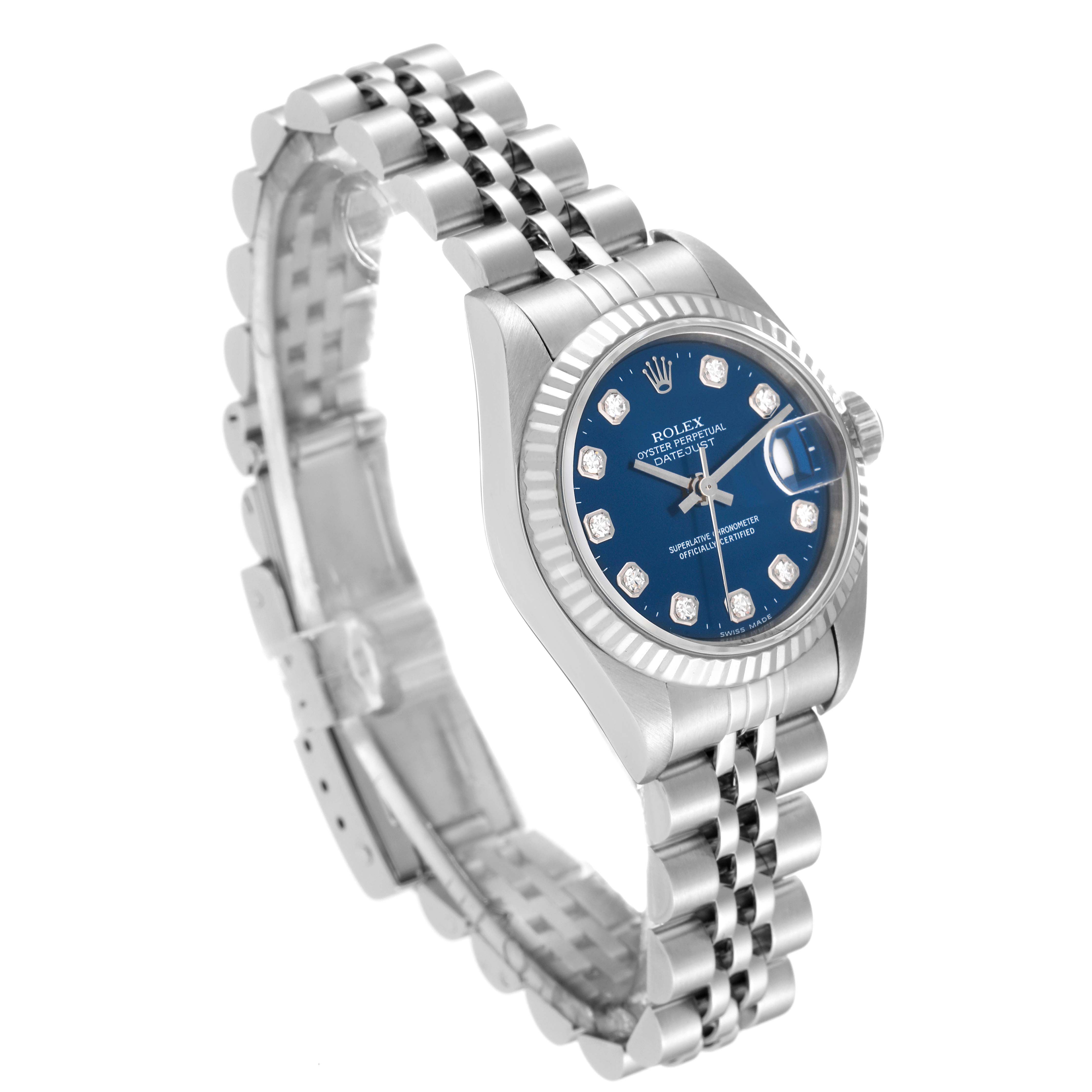 This image shows a Rolex Datejust 79174G Women's Stainless Steel Blue Dial 79174G Women's Stainless Steel Blue Dial watch at a slight angle, highlighting the face, bezel, crown, and part of the bracelet.