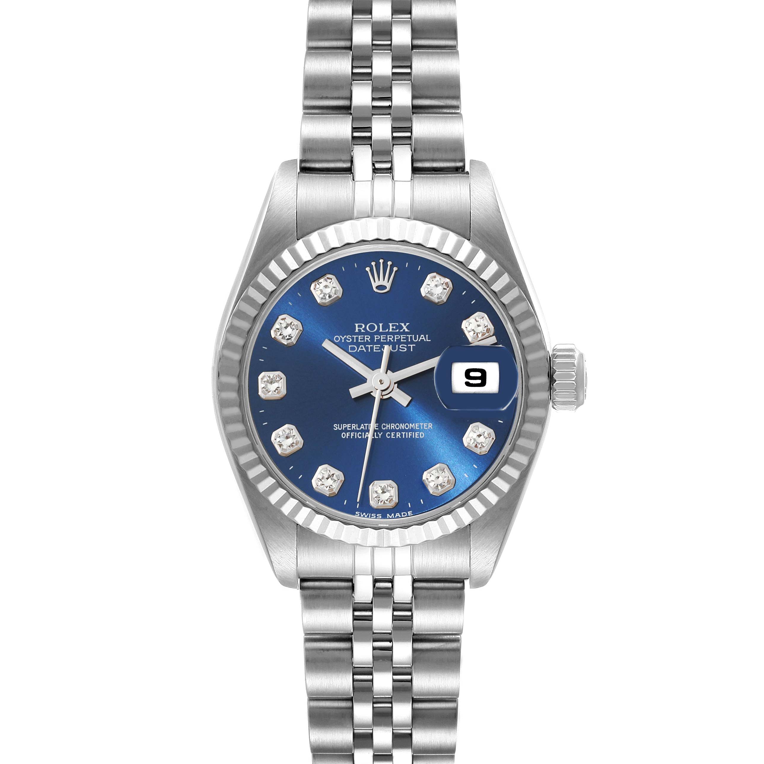 The Datejust model by Rolex is shown from a top-down angle, highlighting its blue dial, diamond hour markers, date window, and Jubilee bracelet.