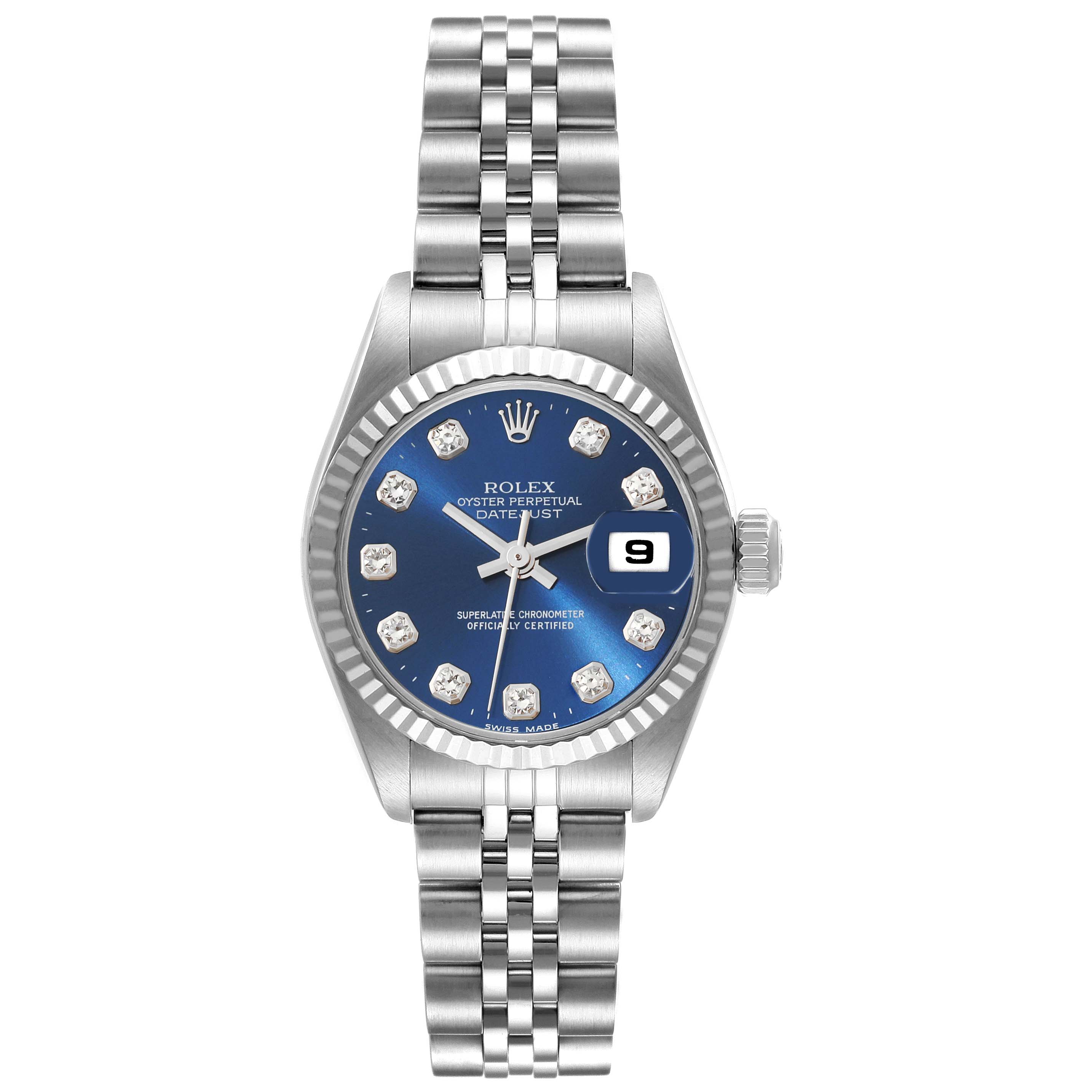 The image shows a Rolex Datejust 79174G Women's Stainless Steel Blue Dial 79174G Women's Stainless Steel Blue Dial watch from a front angle, displaying its face, bracelet, and date window.