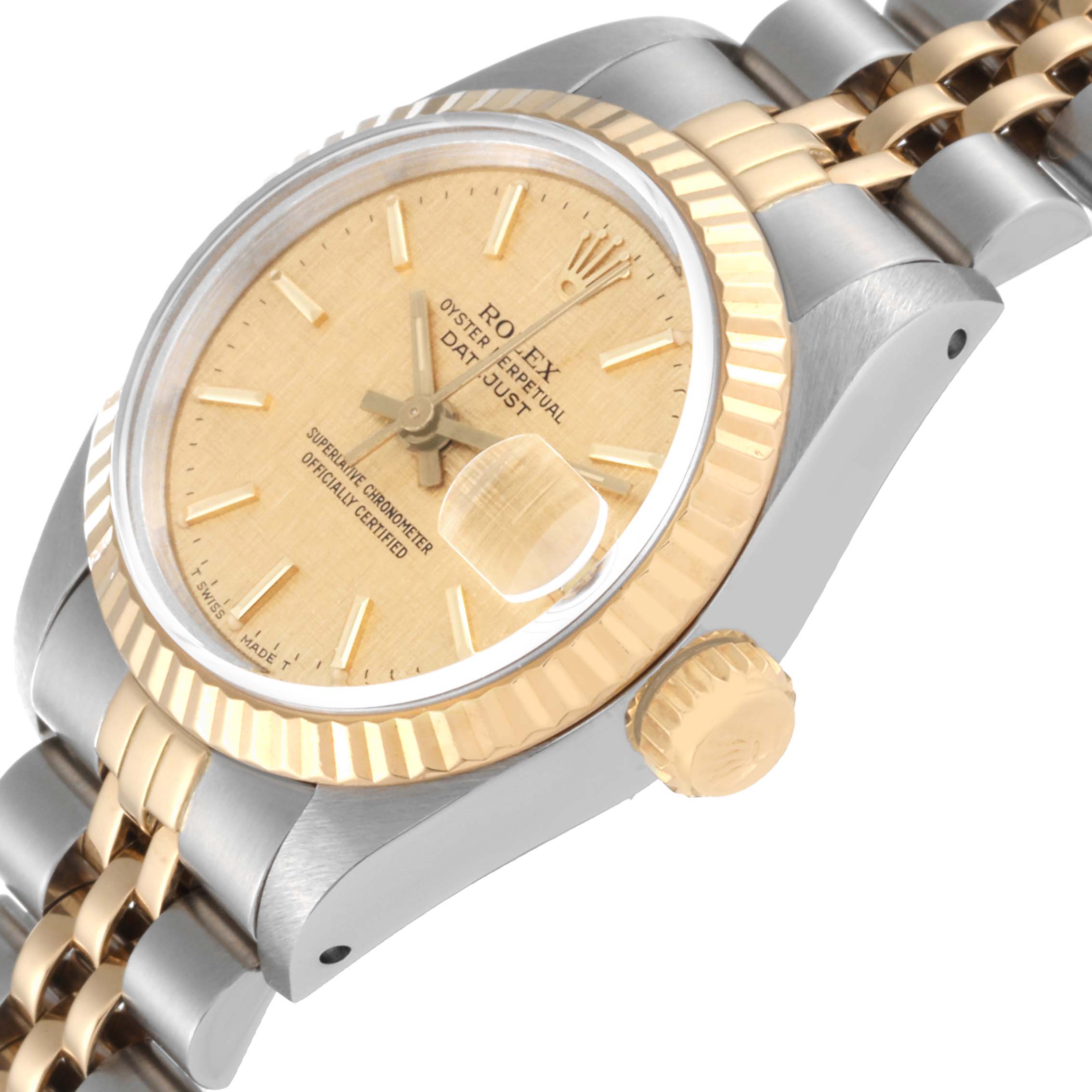 The image shows a close-up angle of the Rolex Datejust 69173 Women's Steel and Gold (two tone) Champagne Dial 69173 Women's Steel and Gold (two tone) Champagne Dial watch, featuring the dial, crown, and part of the two-tone bracelet.