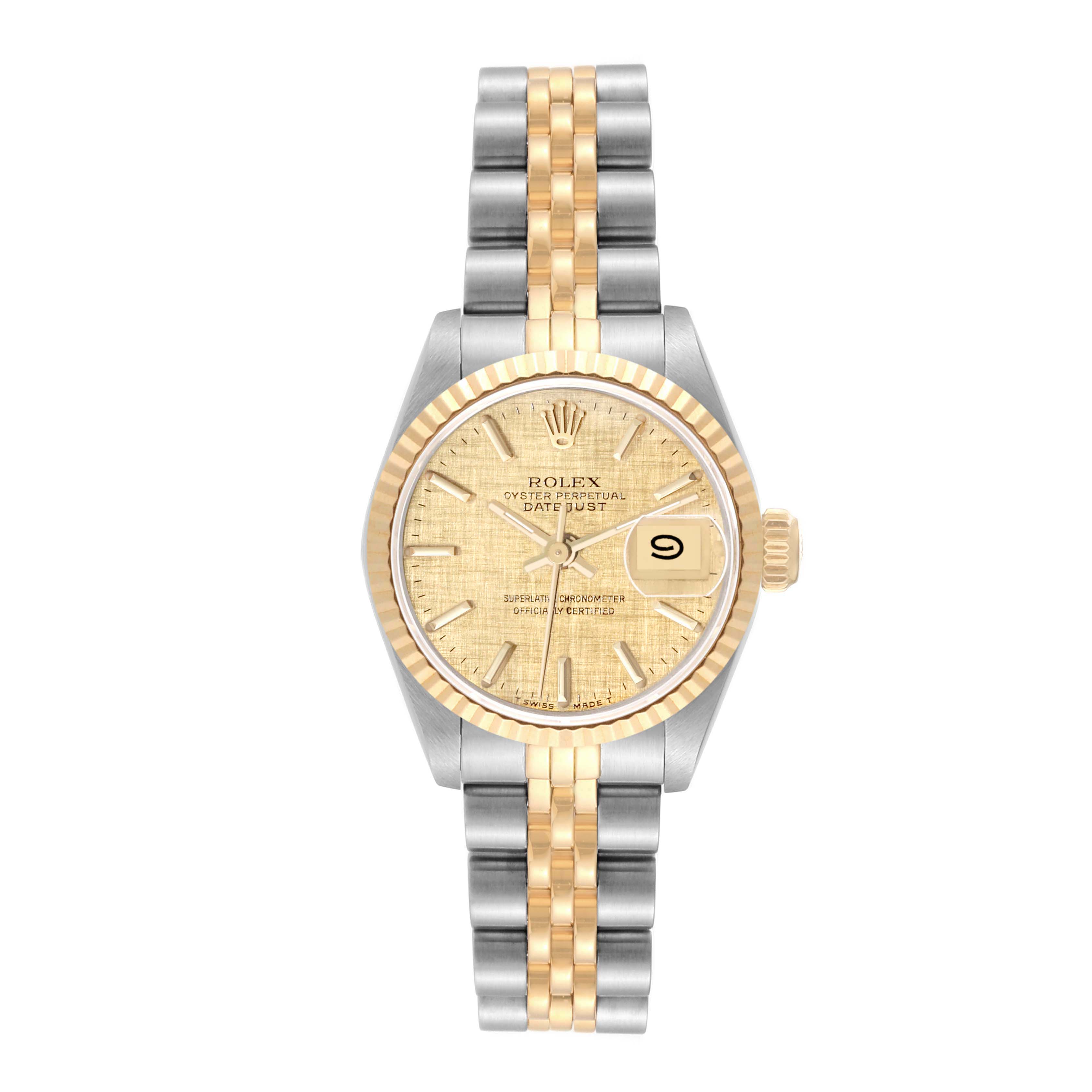 The Rolex Datejust 69173 Women's Steel and Gold (two tone) Champagne Dial 69173 Women's Steel and Gold (two tone) Champagne Dial watch is shown from a top-down angle, displaying the face, bezel, crown, and two-tone bracelet.