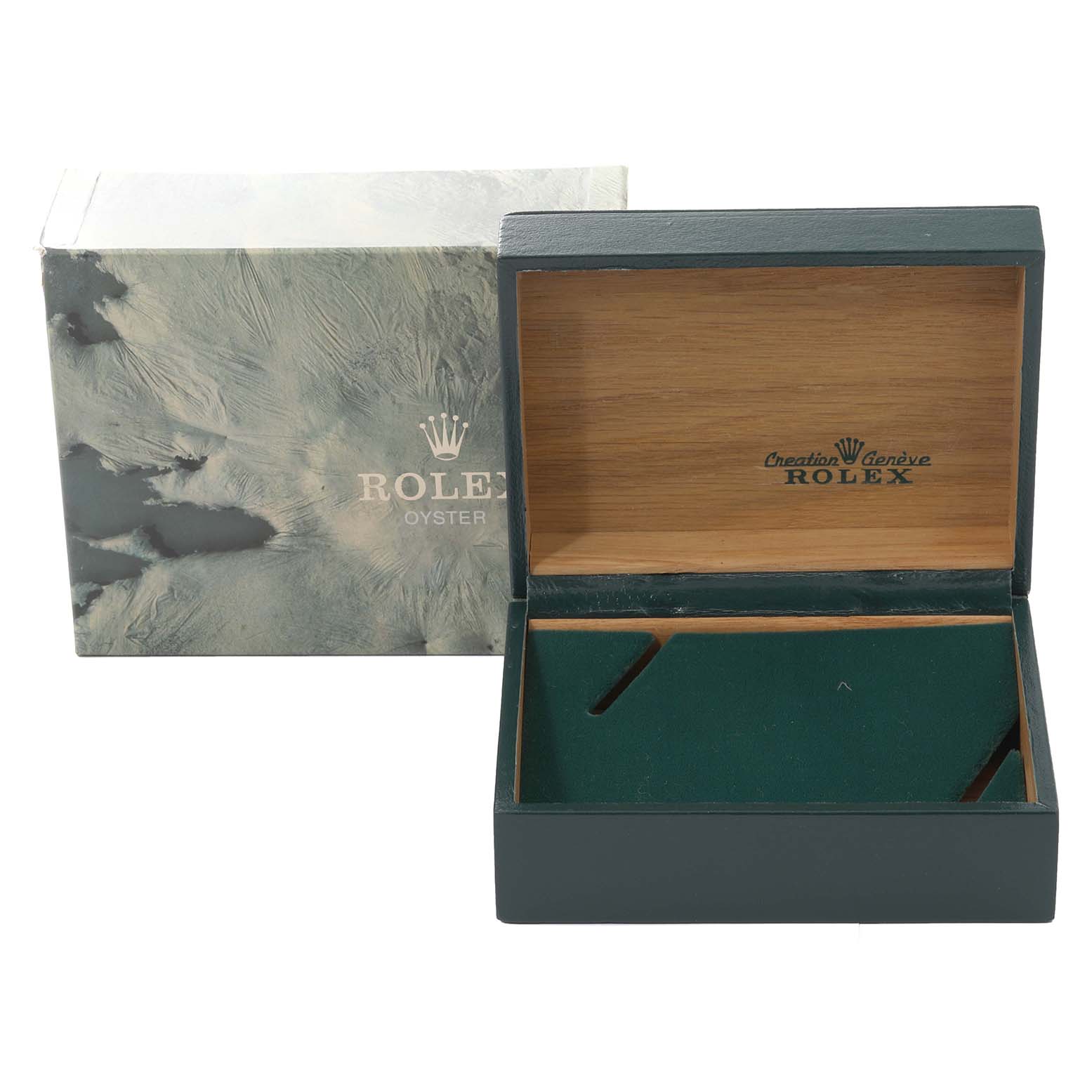 This image shows an open Rolex Datejust 69173 Women's Steel and Gold (two tone) Champagne Dial 69173 Women's Steel and Gold (two tone) Champagne Dial watch box with a green velvet interior and a branded outer box in the background.