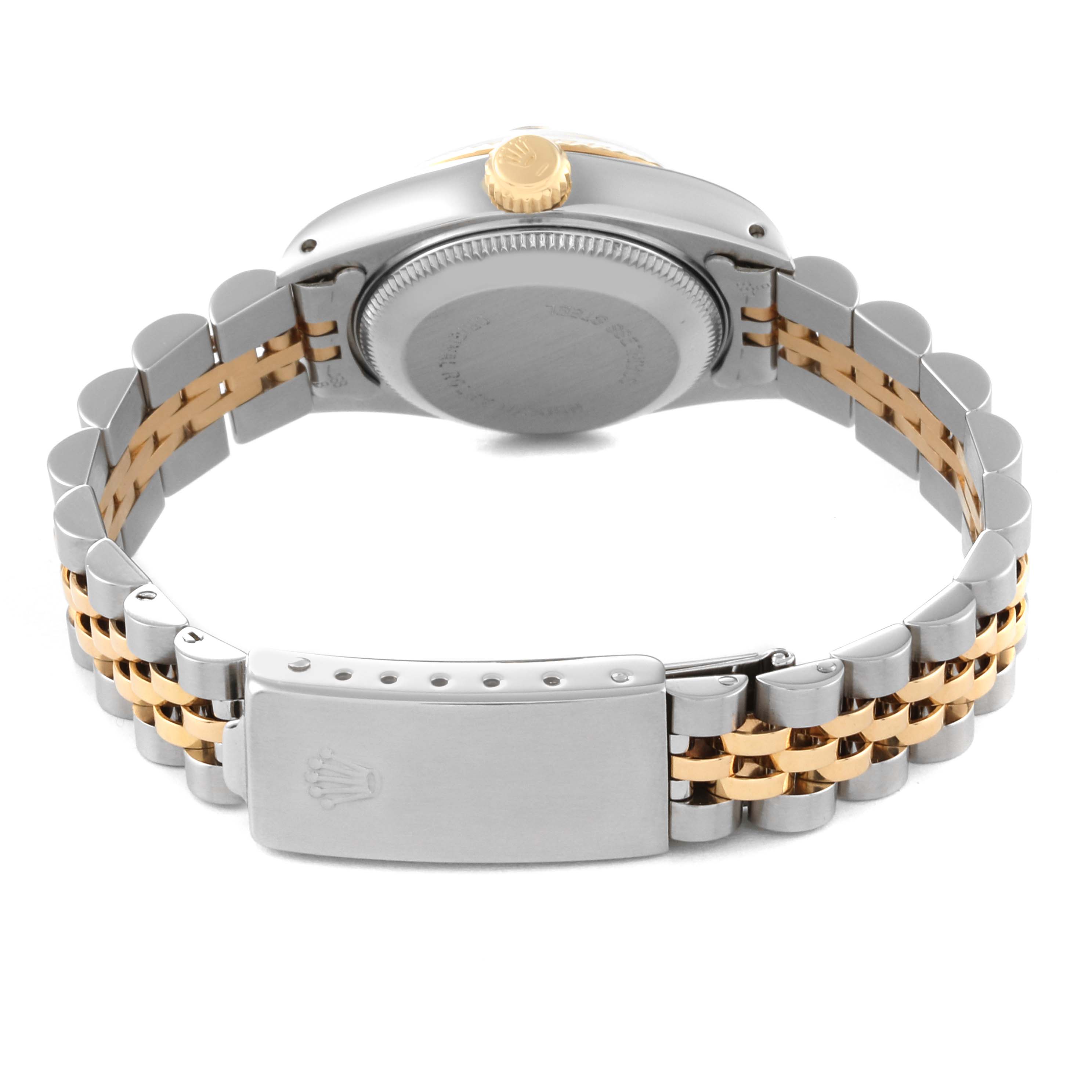 This image shows the back view of a Rolex Datejust 69173 Women's Steel and Gold (two tone) Champagne Dial 69173 Women's Steel and Gold (two tone) Champagne Dial watch, highlighting its two-tone metal bracelet and clasp with the crown logo.