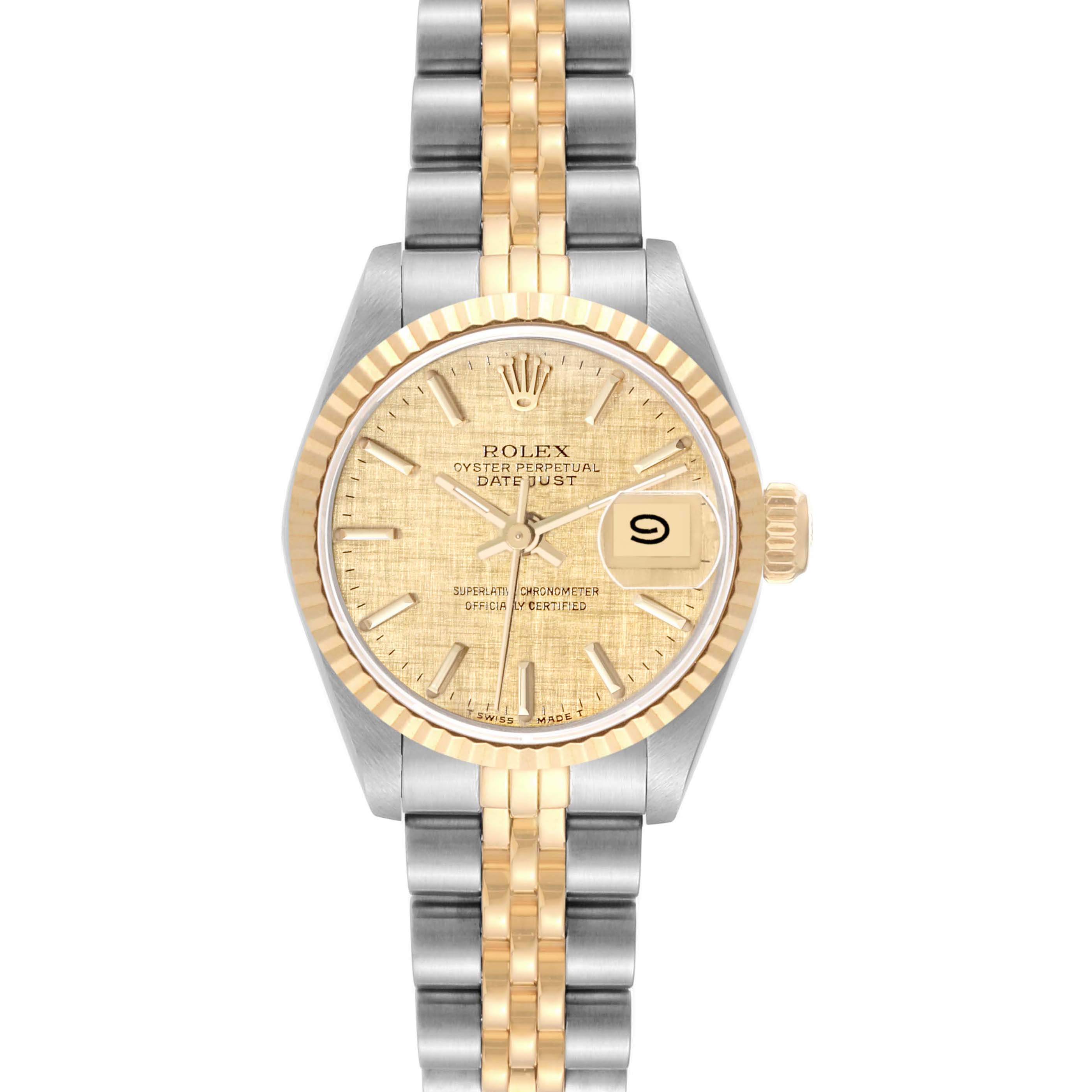 The image shows a front view of a Rolex Datejust 69173 Women's Steel and Gold (two tone) Champagne Dial 69173 Women's Steel and Gold (two tone) Champagne Dial watch, displaying the face, bezel, and two-tone bracelet.