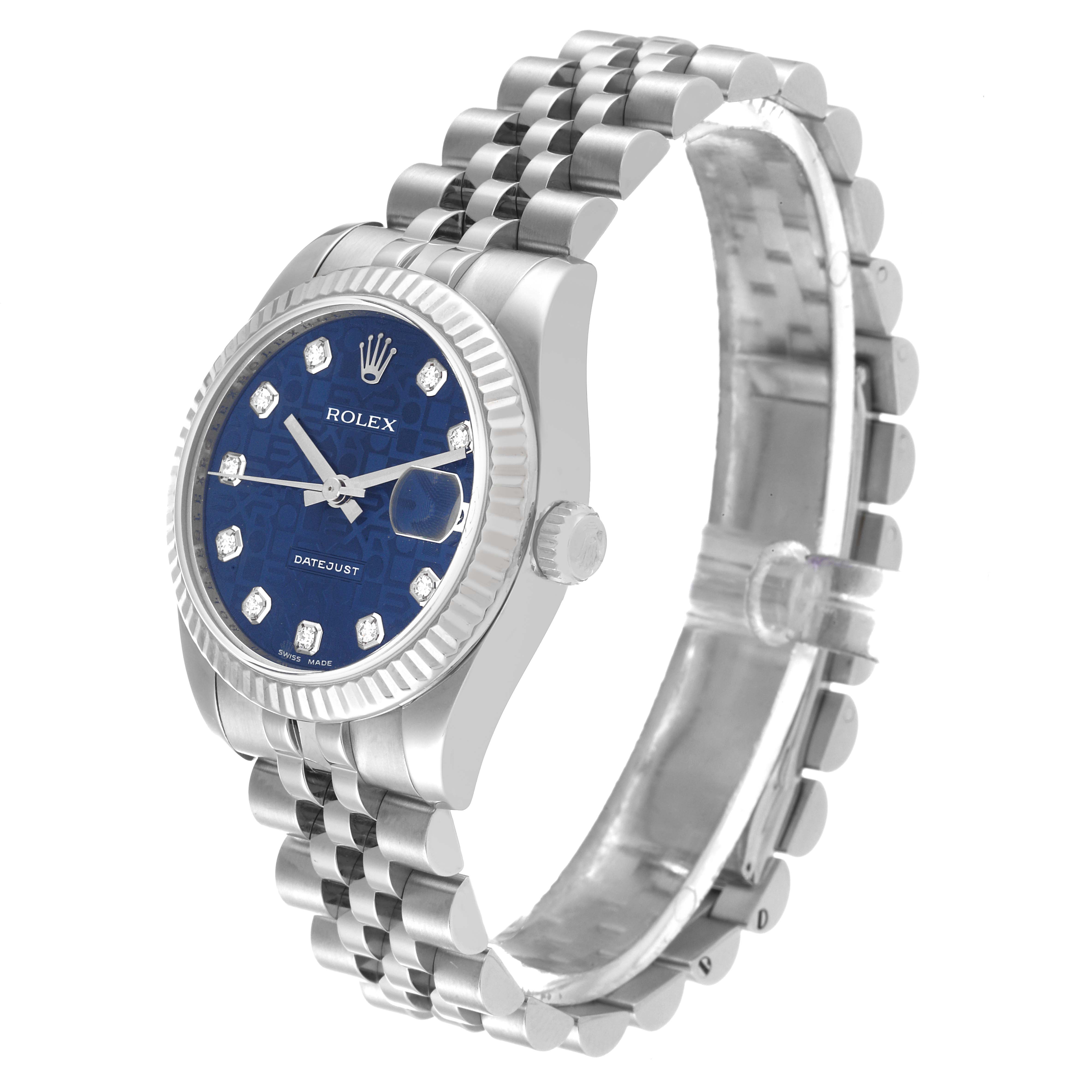 This image shows a side angle of a Mid-Size Rolex Datejust watch featuring a blue dial and a Jubilee bracelet.