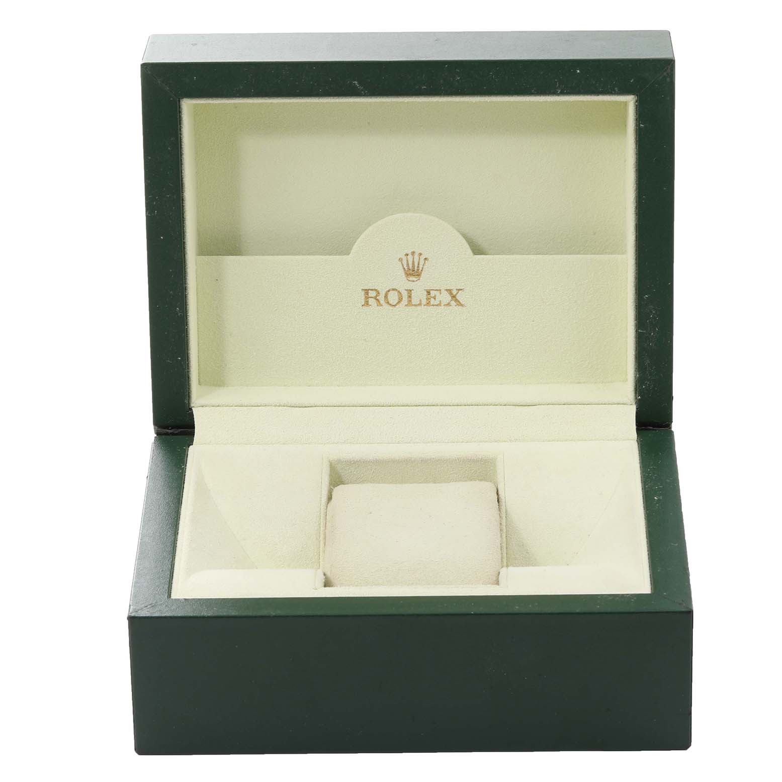 Shown in the image is an open, empty green and beige box for the Rolex Mid-Size 178274 Women's Stainless Steel Blue Dial 178274 Women's Stainless Steel Blue Dial model watch.