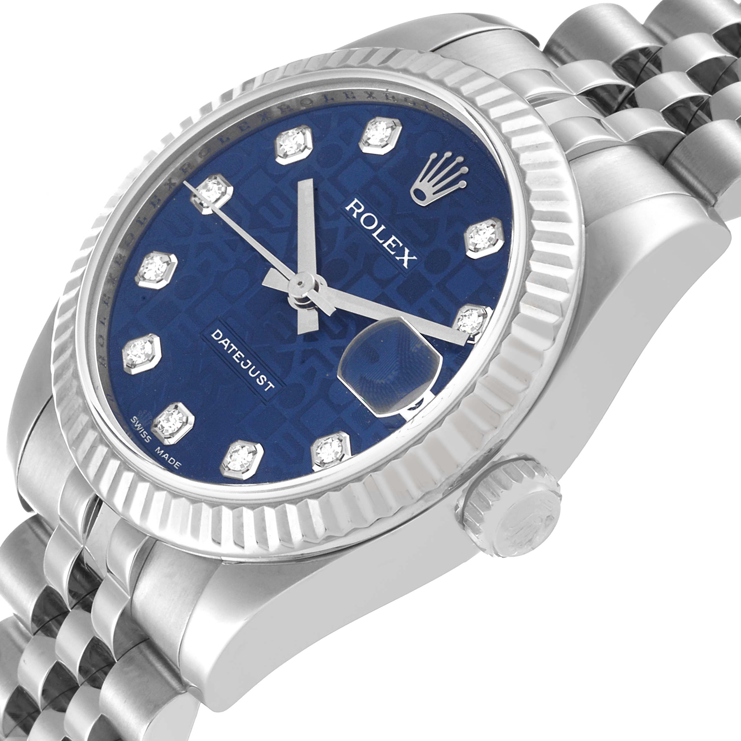 The image shows a side angle of a Rolex Mid-Size 178274 Women's Stainless Steel Blue Dial 178274 Women's Stainless Steel Blue Dial Datejust watch featuring a blue dial, diamond hour markers, and a stainless steel bracelet.