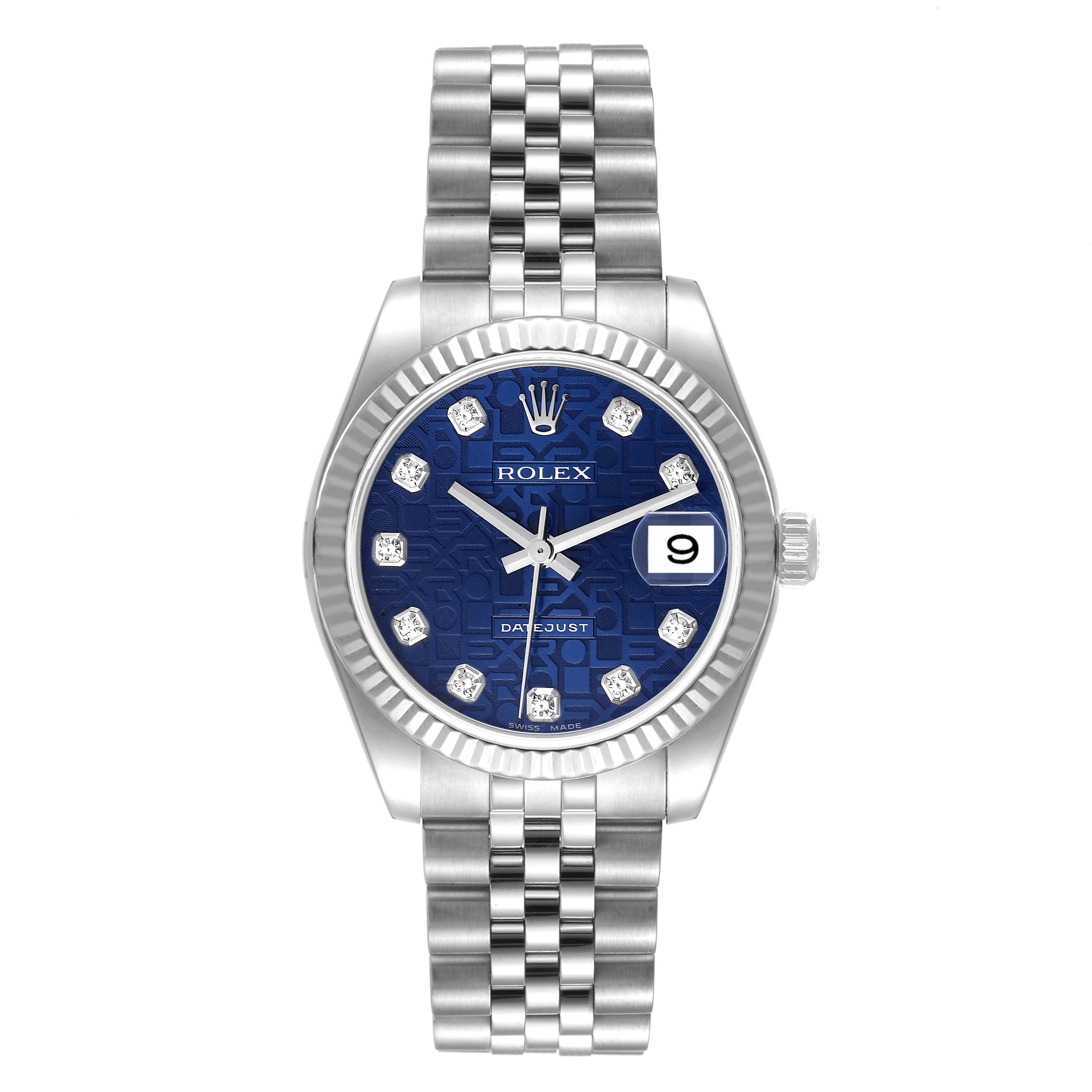 The image shows a front view of a Rolex Mid-Size 178274 Women's Stainless Steel Blue Dial 178274 Women's Stainless Steel Blue Dial Datejust watch, featuring a blue dial, fluted bezel, and jubilee bracelet.