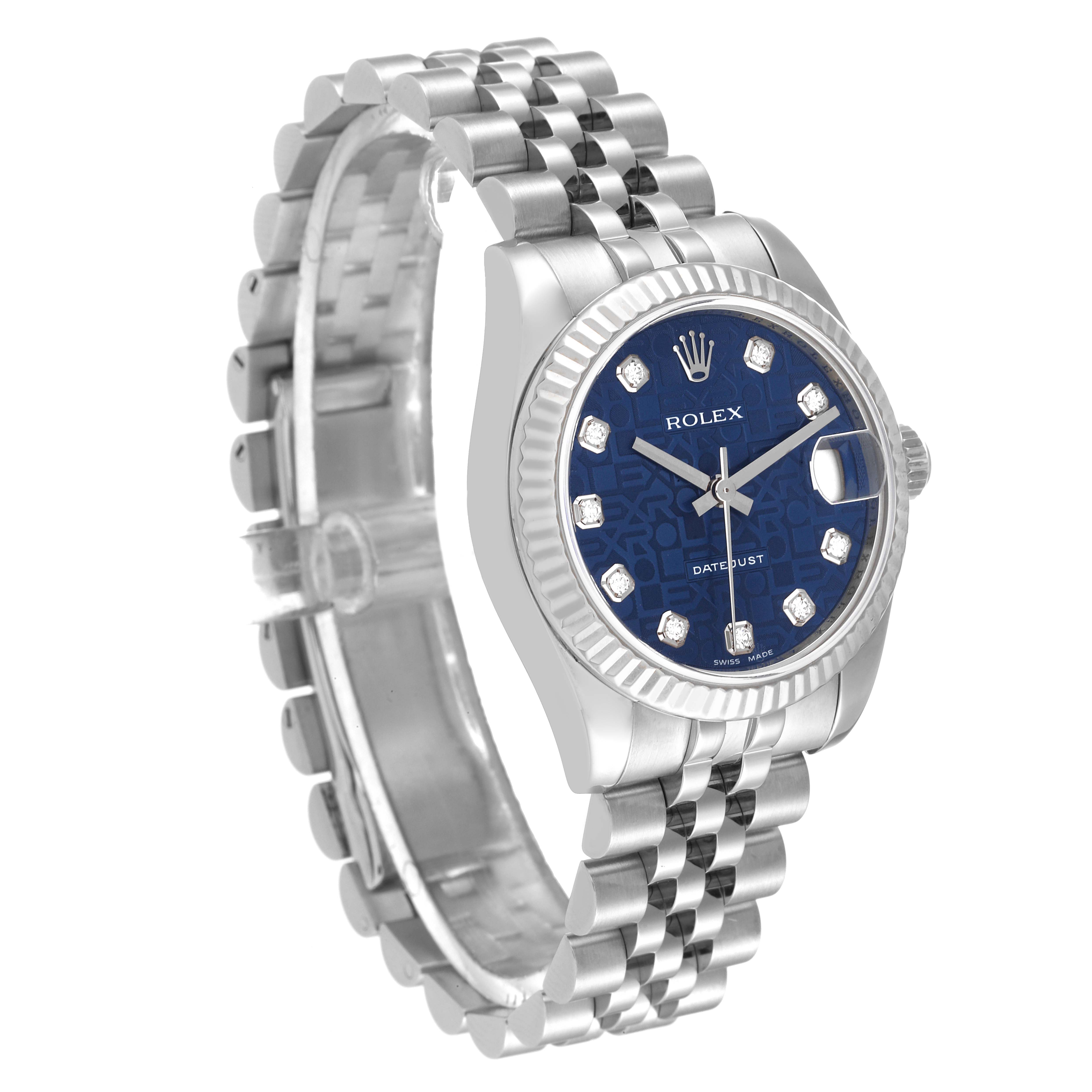 The image shows a Rolex Mid-Size 178274 Women's Stainless Steel Blue Dial 178274 Women's Stainless Steel Blue Dial watch at an angle highlighting the face, bezel, and partially open bracelet.