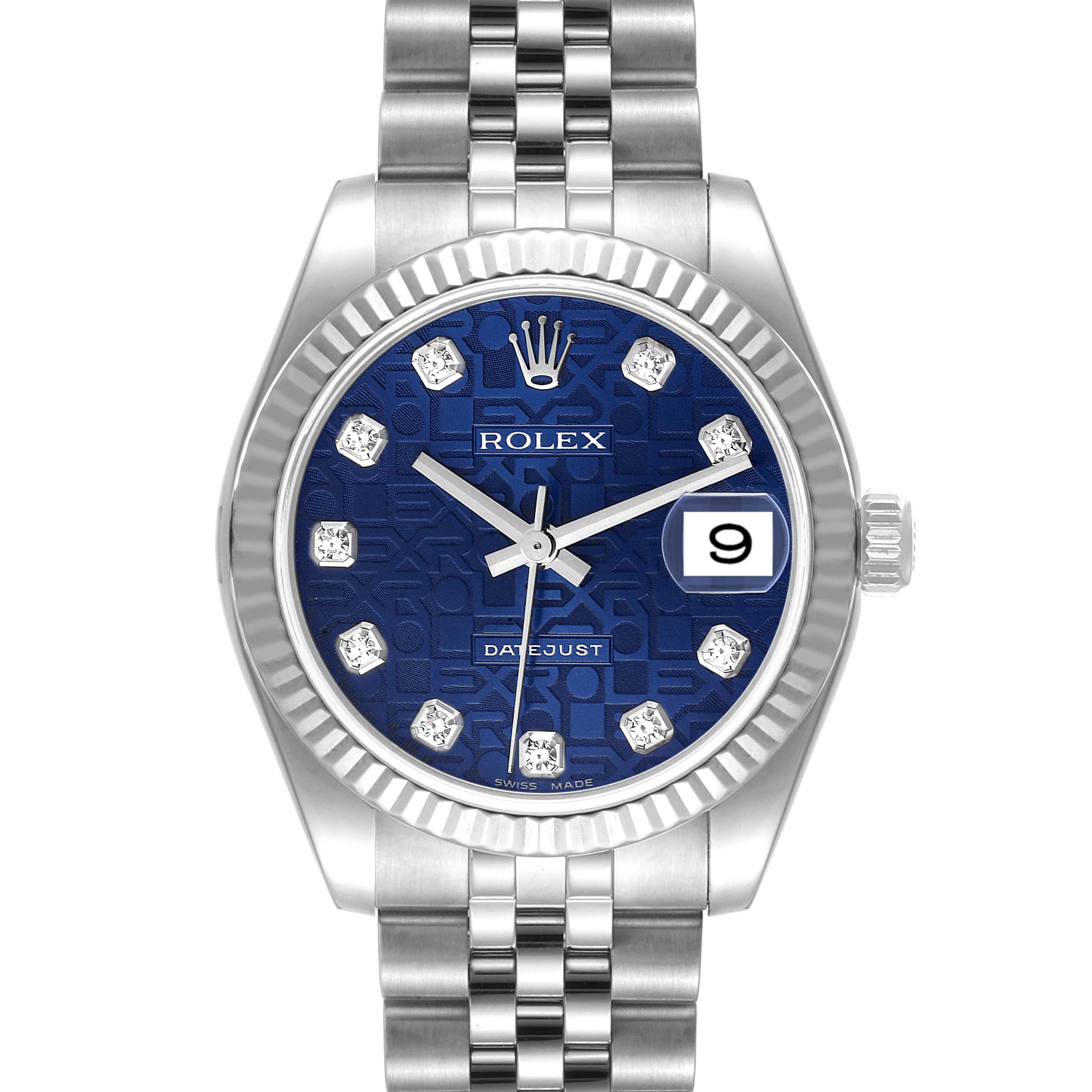 The image shows a front view of a Rolex Mid-Size 178274 Women's Stainless Steel Blue Dial 178274 Women's Stainless Steel Blue Dial Datejust watch with a blue dial, diamond markers, and a date display at 3 o'clock.