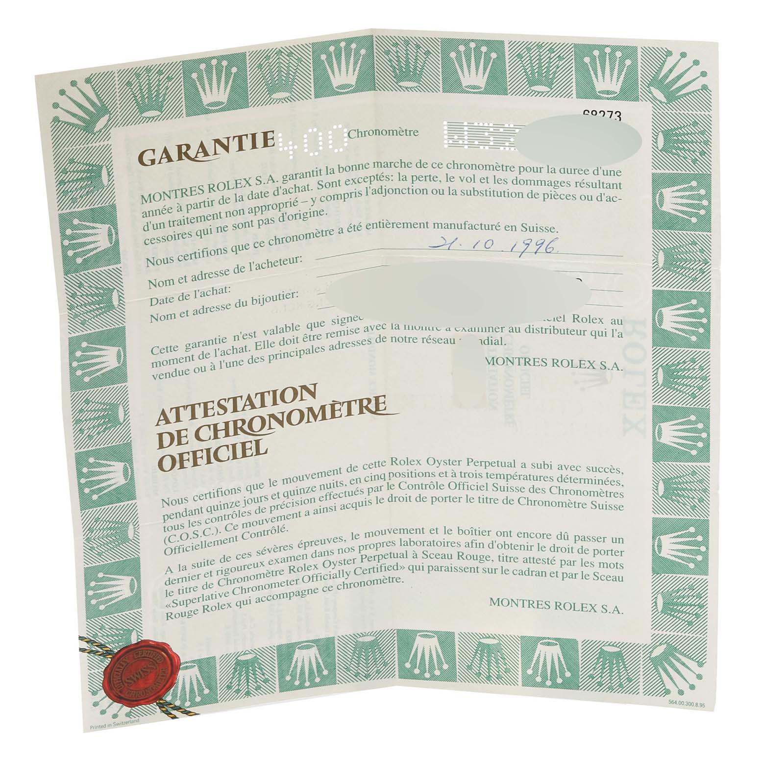 The image shows a warranty and chronometer certificate for a Rolex Mid-Size 68273 Women's Steel and Gold (two tone) Champagne Dial 68273 Women's Steel and Gold (two tone) Champagne Dial model, with text and official markings visible.