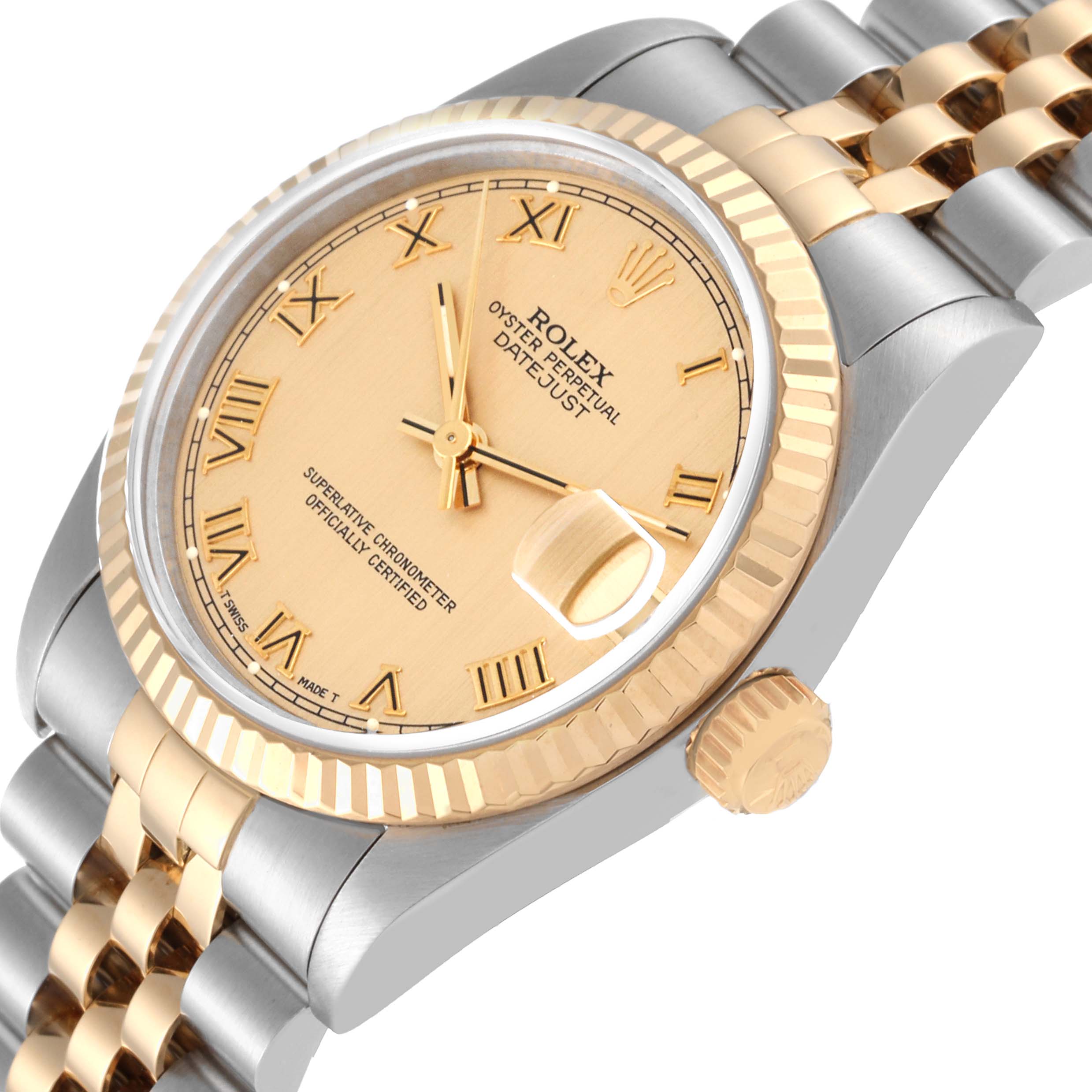 The image shows a close-up of the Rolex Oyster Perpetual Datejust Mid-Size watch at a slight angle, highlighting the dial, bezel, and bracelet.