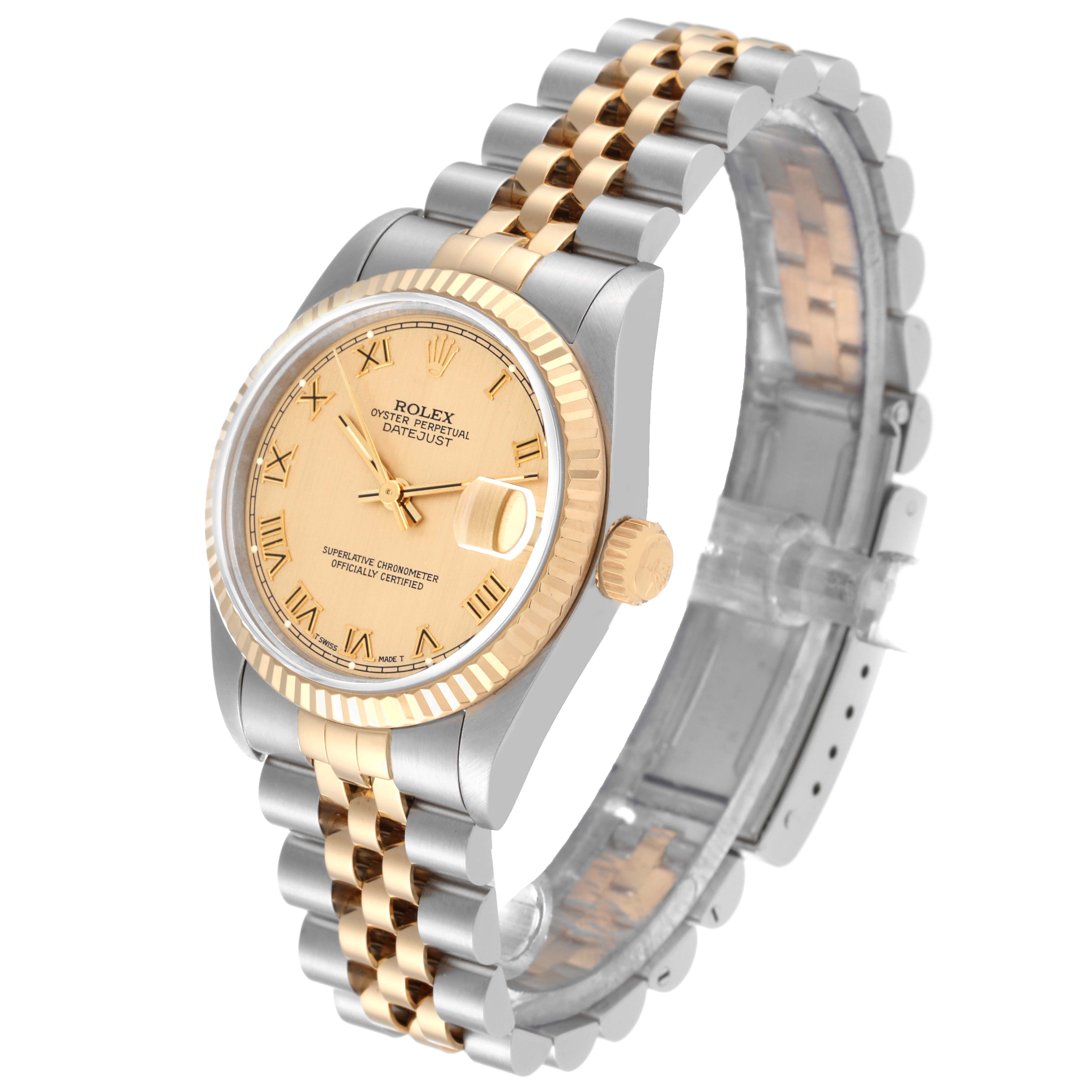 This image shows a side angle of a Rolex Oyster Perpetual Datejust Mid-Size watch, highlighting the gold and silver band and the face.