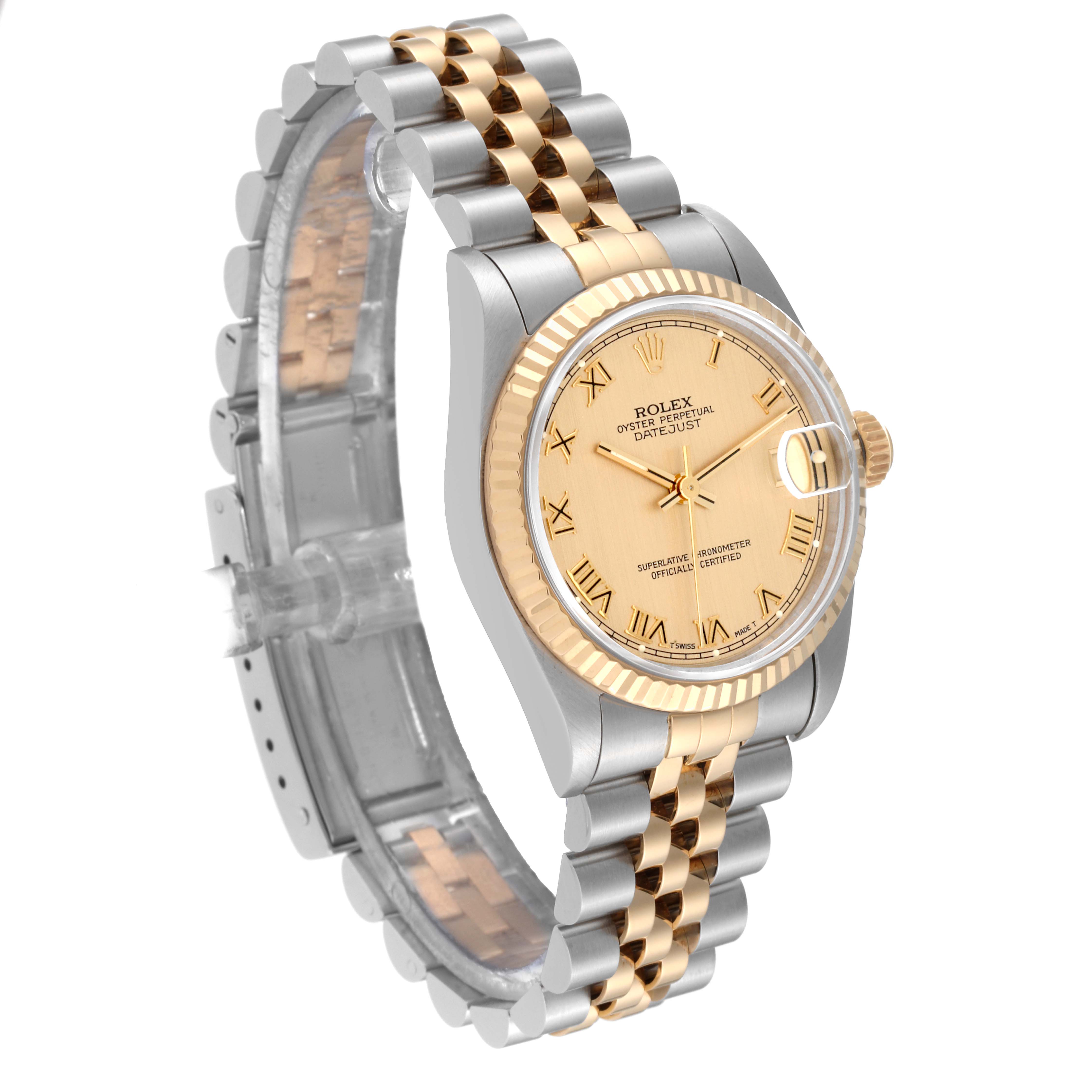 The image shows a Rolex Mid-Size 68273 Women's Steel and Gold (two tone) Champagne Dial 68273 Women's Steel and Gold (two tone) Champagne Dial Datejust watch from a front-right angle, highlighting the two-tone bracelet and gold dial.