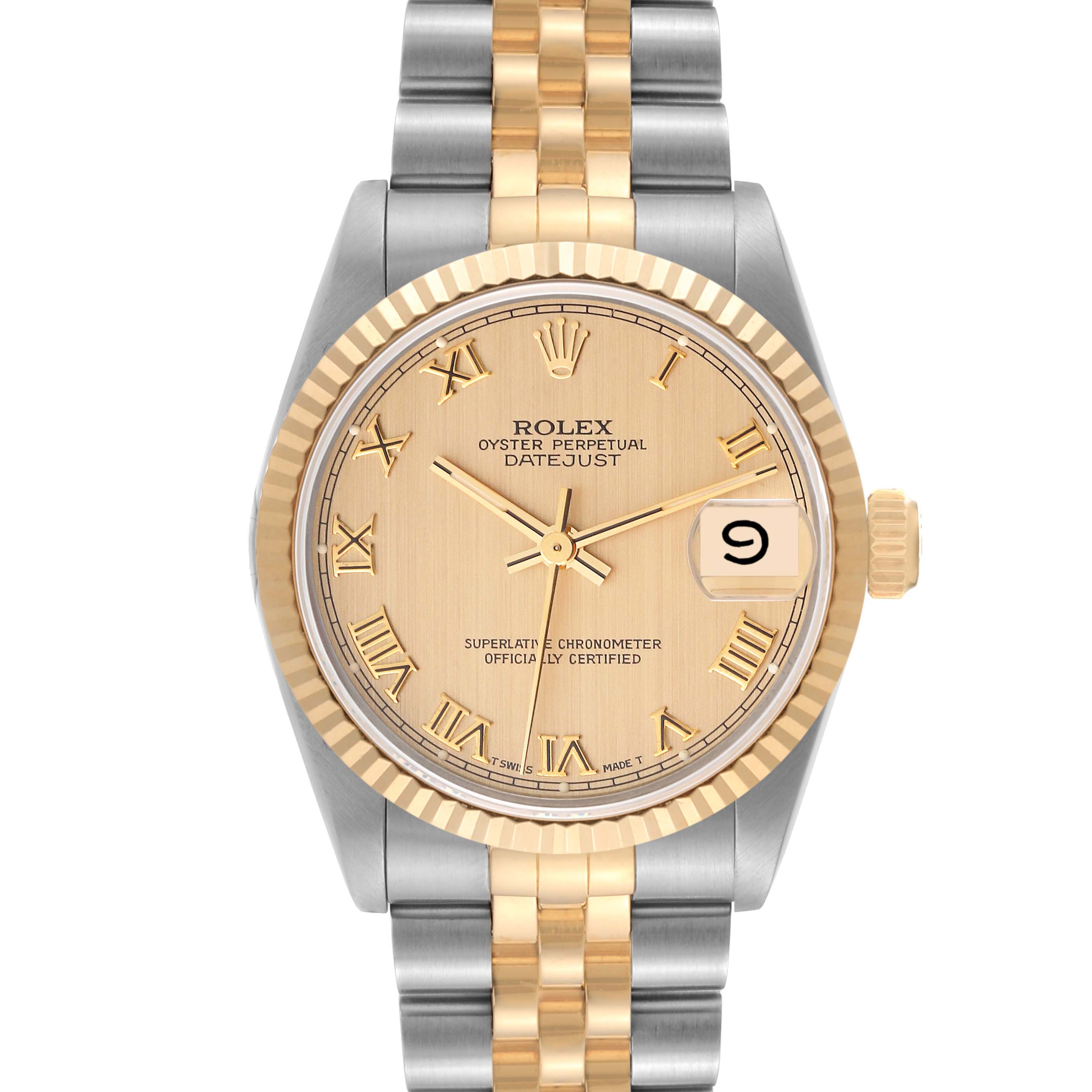 This image shows a front view of the Rolex Mid-Size 68273 Women's Steel and Gold (two tone) Champagne Dial 68273 Women's Steel and Gold (two tone) Champagne Dial Oyster Perpetual Datejust watch with a two-tone bracelet and gold bezel.