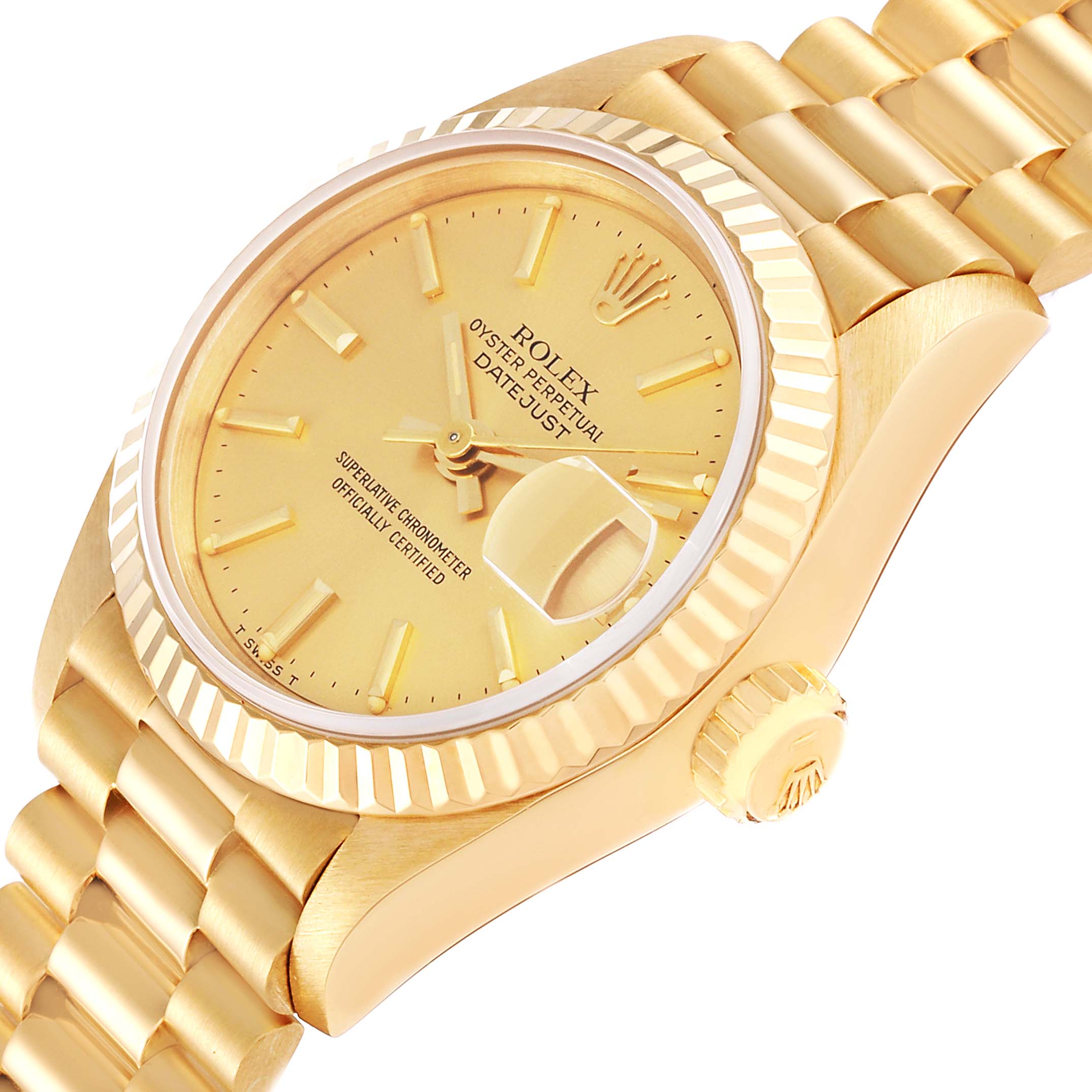 This image shows the Rolex President 69178 Women
s Yellow Gold Champagne Dial 69178 Women
s Yellow Gold Champagne Dial model watch at an angled close-up, featuring the dial, fluted bezel, and part of the bracelet.