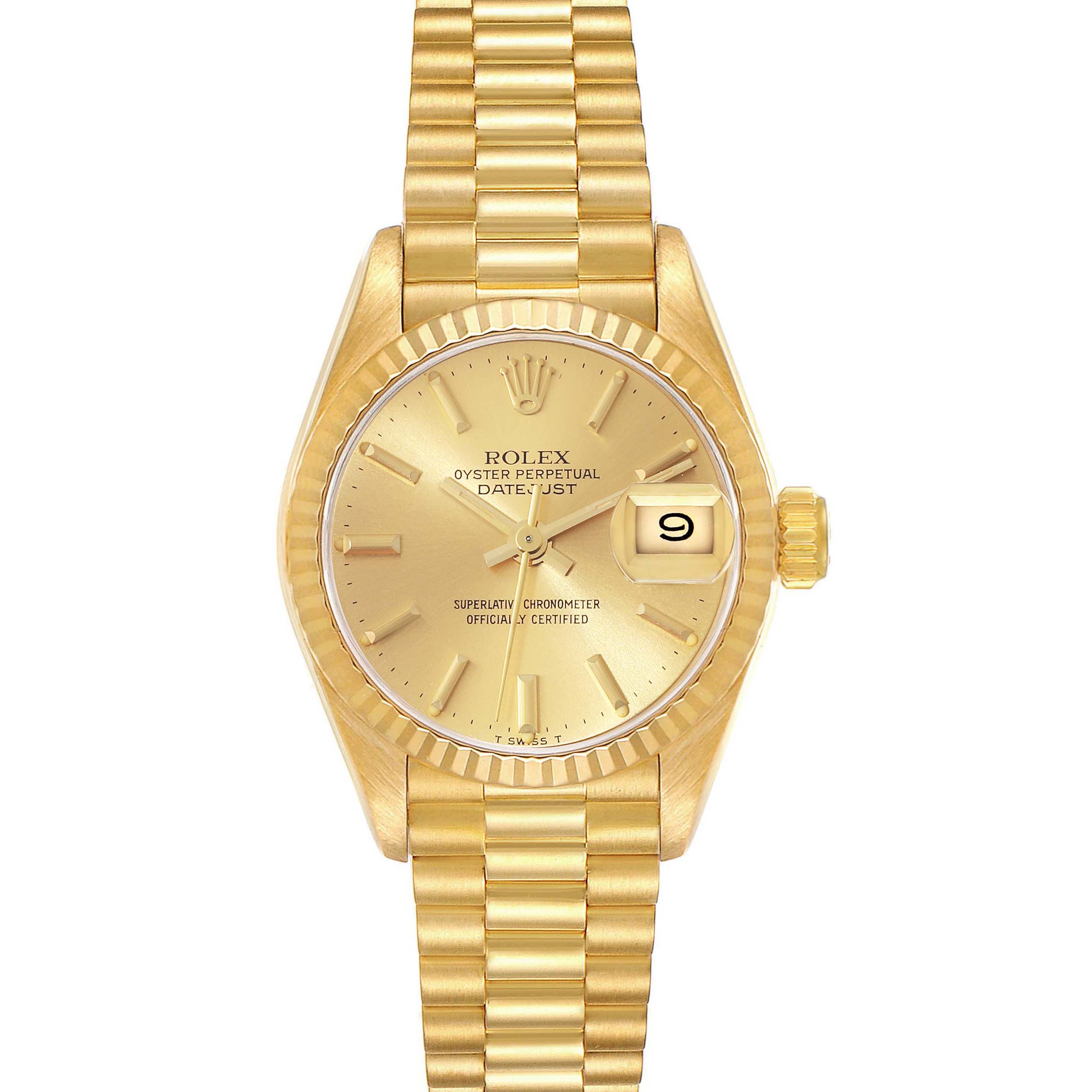 The image shows a frontal view of a Rolex President 69178 Women
s Yellow Gold Champagne Dial 69178 Women
s Yellow Gold Champagne Dial model watch, highlighting the dial, hands, date window, and bracelet.