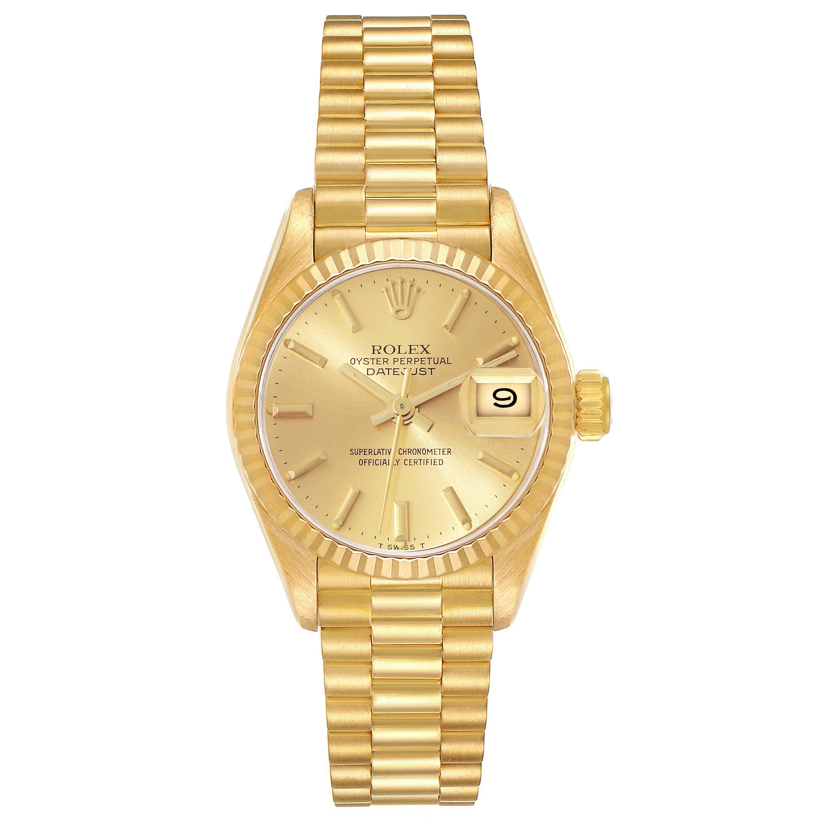 This image shows a front view of the Rolex President 69178 Women
s Yellow Gold Champagne Dial 69178 Women
s Yellow Gold Champagne Dial model watch, displaying the face, bracelet, and date indicator.