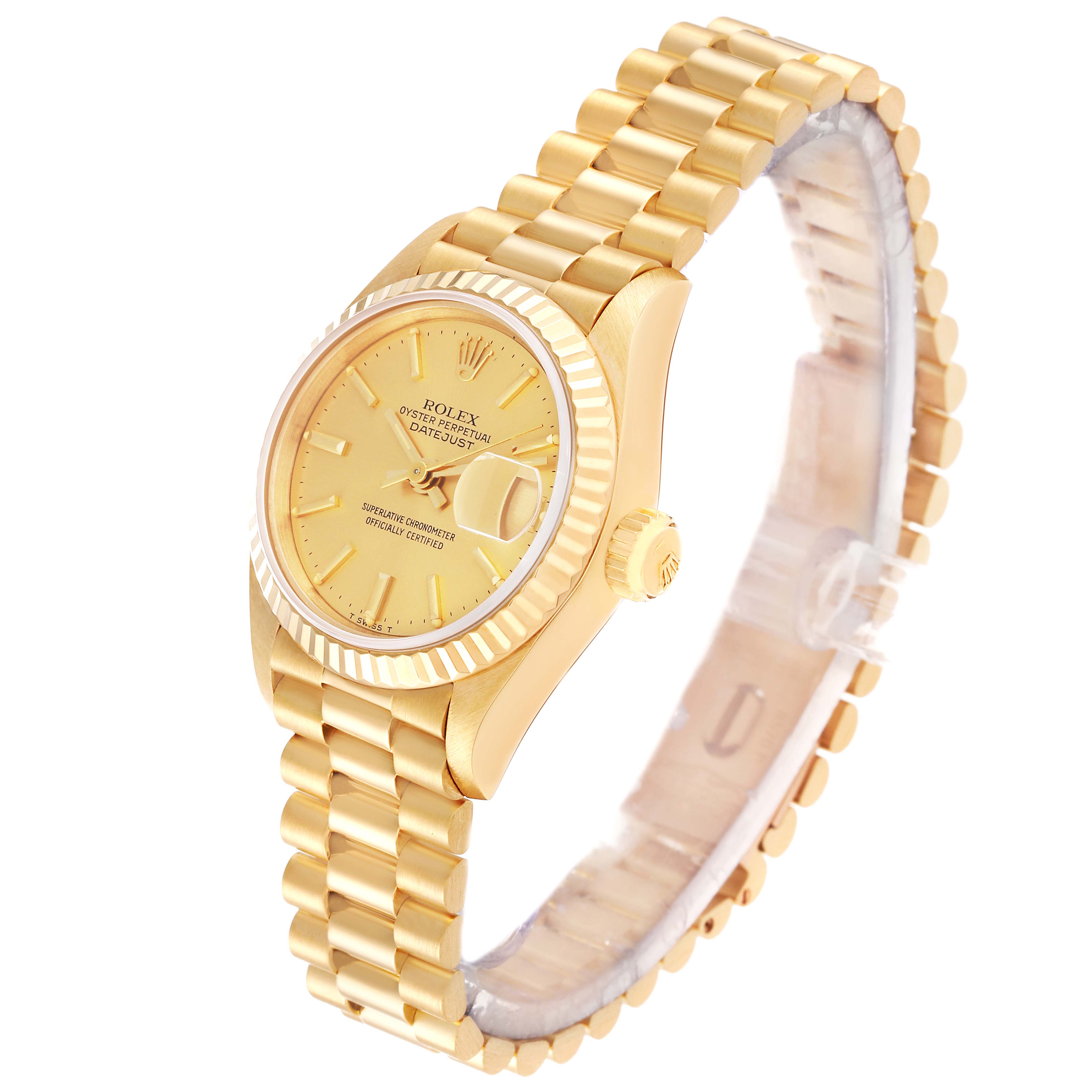 The image shows a President model by Rolex at a slight angle with its gold watch face and bracelet clearly visible.