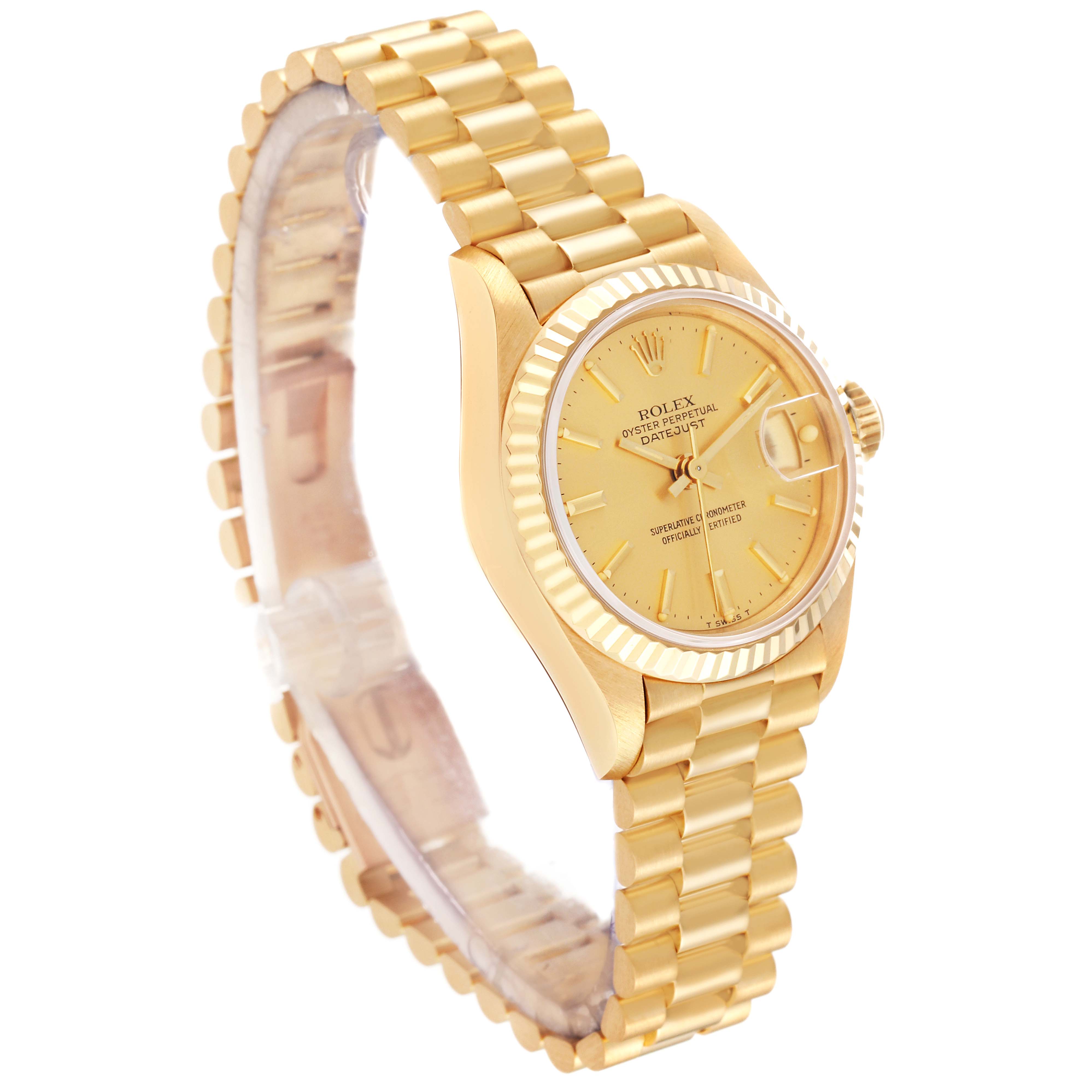 The image shows a Rolex President 69178 Women
s Yellow Gold Champagne Dial 69178 Women
s Yellow Gold Champagne Dial model watch from a side angle, highlighting the bracelet, case, dial, and bezel.