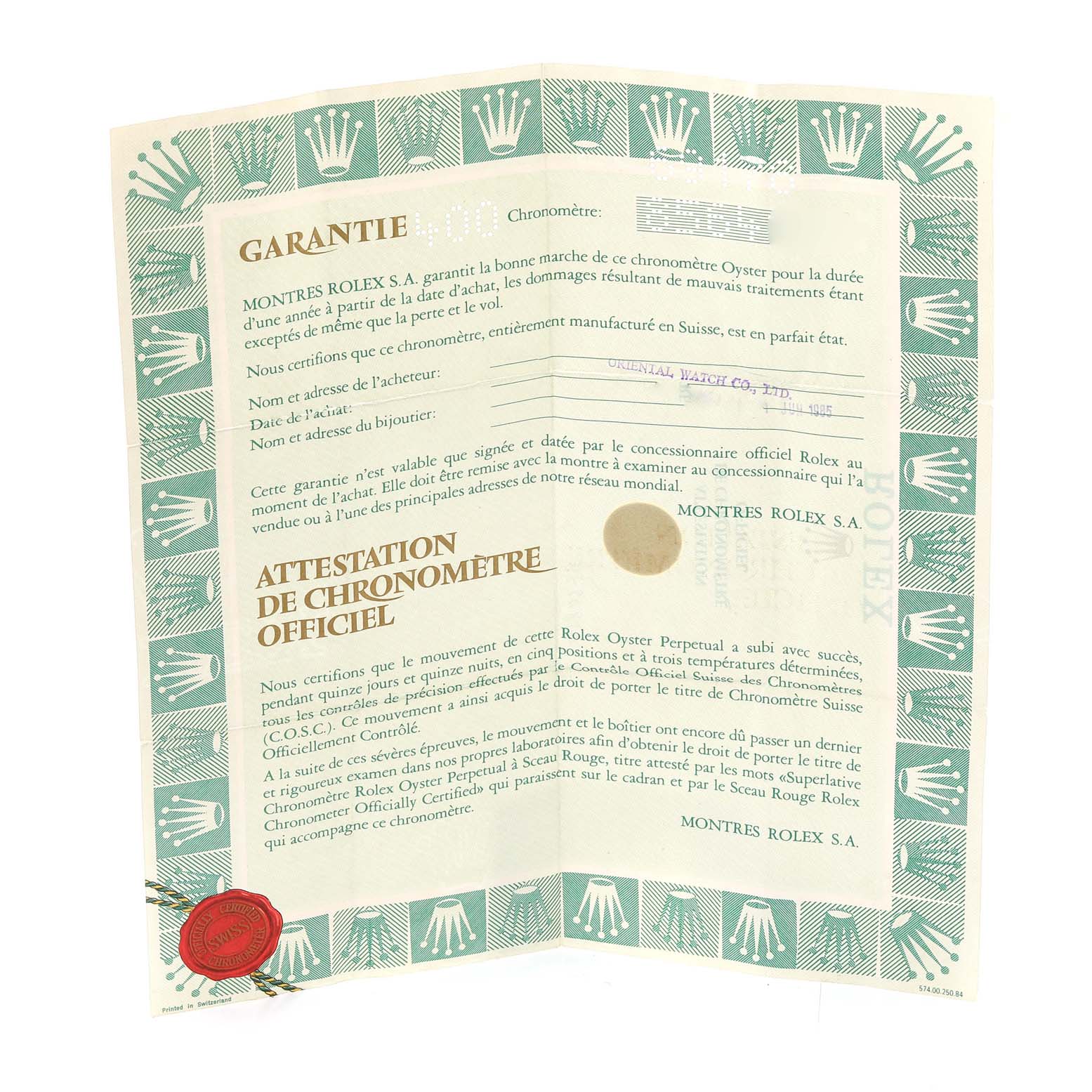 The image shows a folded official Rolex warranty card and chronometer certificate for the President model.