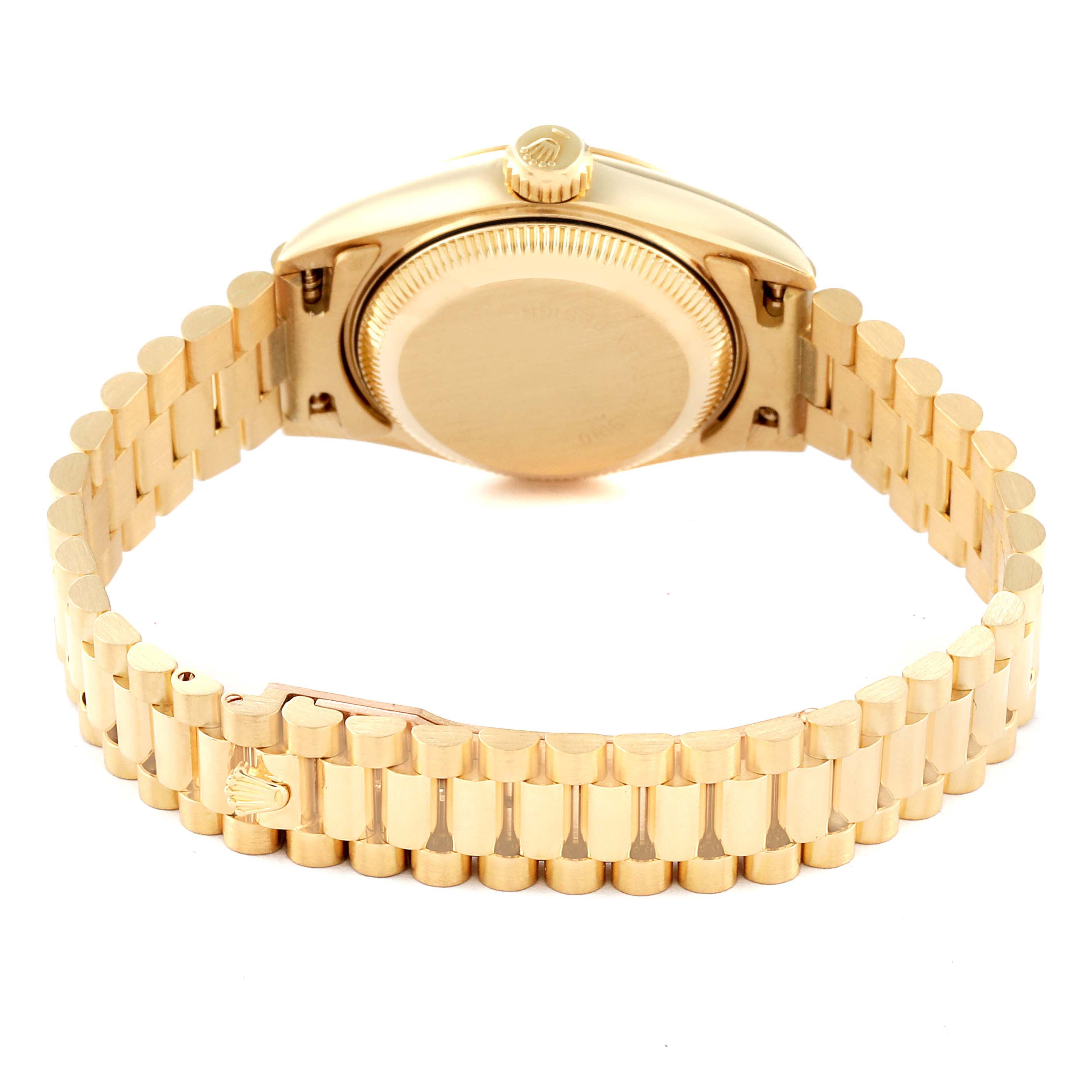 The image shows the back view of a Rolex President 69178 Women
s Yellow Gold Champagne Dial 69178 Women
s Yellow Gold Champagne Dial model watch, highlighting its case back and gold bracelet.