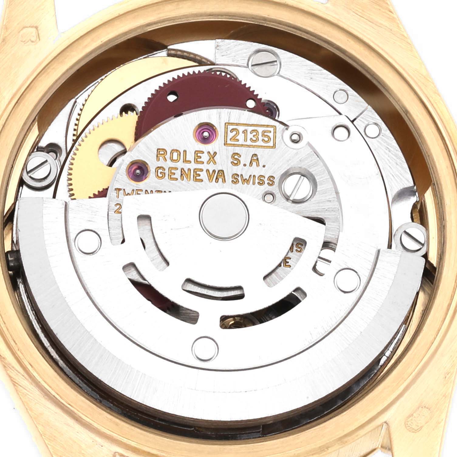 This image shows the internal mechanism and movement parts of a Rolex President 69178 Women
s Yellow Gold Champagne Dial 69178 Women
s Yellow Gold Champagne Dial model watch from a close-up angle.