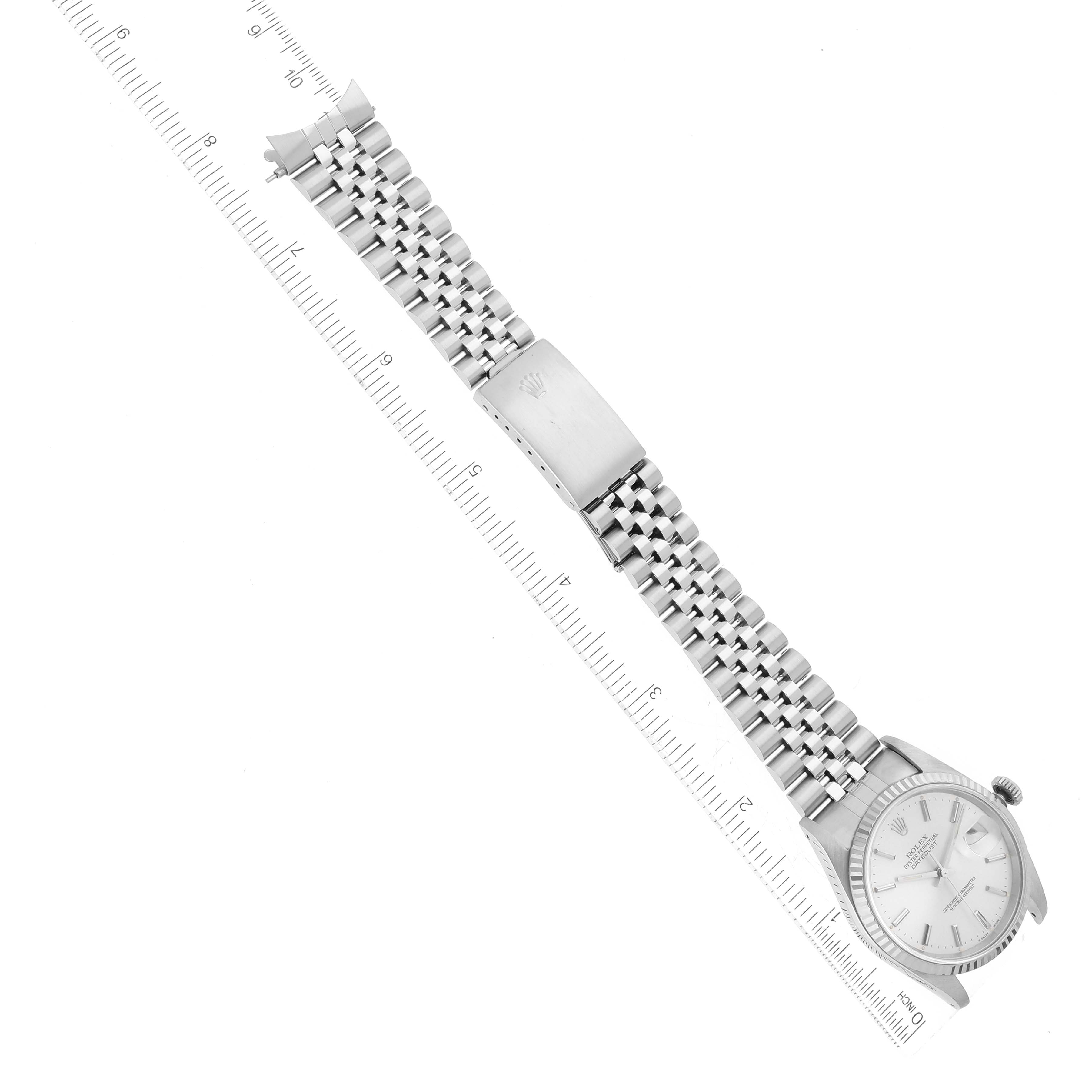 The Rolex Datejust 16234 Men's Stainless Steel Silver Dial 16234 Men's Stainless Steel Silver Dial watch is shown from a top view, highlighting its face, bracelet, and clasp.