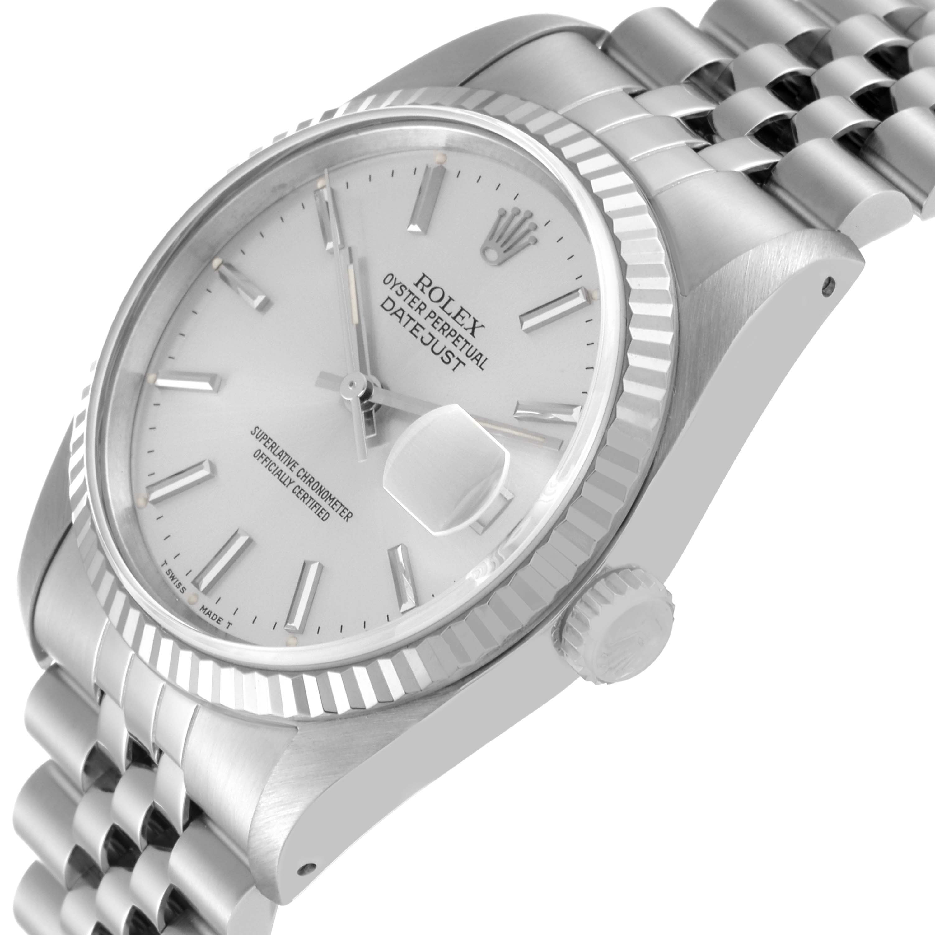 The Rolex Datejust 16234 Men's Stainless Steel Silver Dial 16234 Men's Stainless Steel Silver Dial watch is shown from a 3/4 angle, displaying the face, bezel, crown, and part of the bracelet.