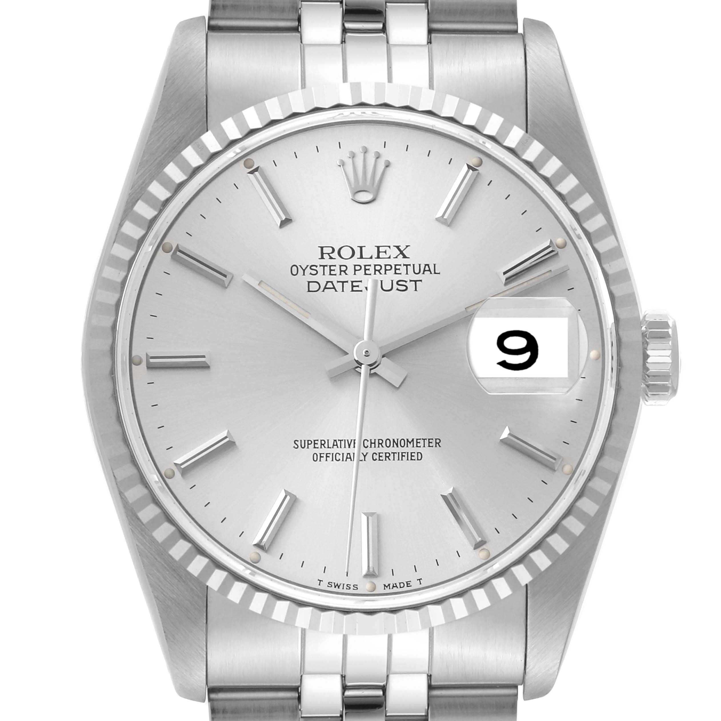 The image shows a front view of the Rolex Datejust 16234 Men's Stainless Steel Silver Dial 16234 Men's Stainless Steel Silver Dial watch, displaying its face, bezel, and part of the bracelet.