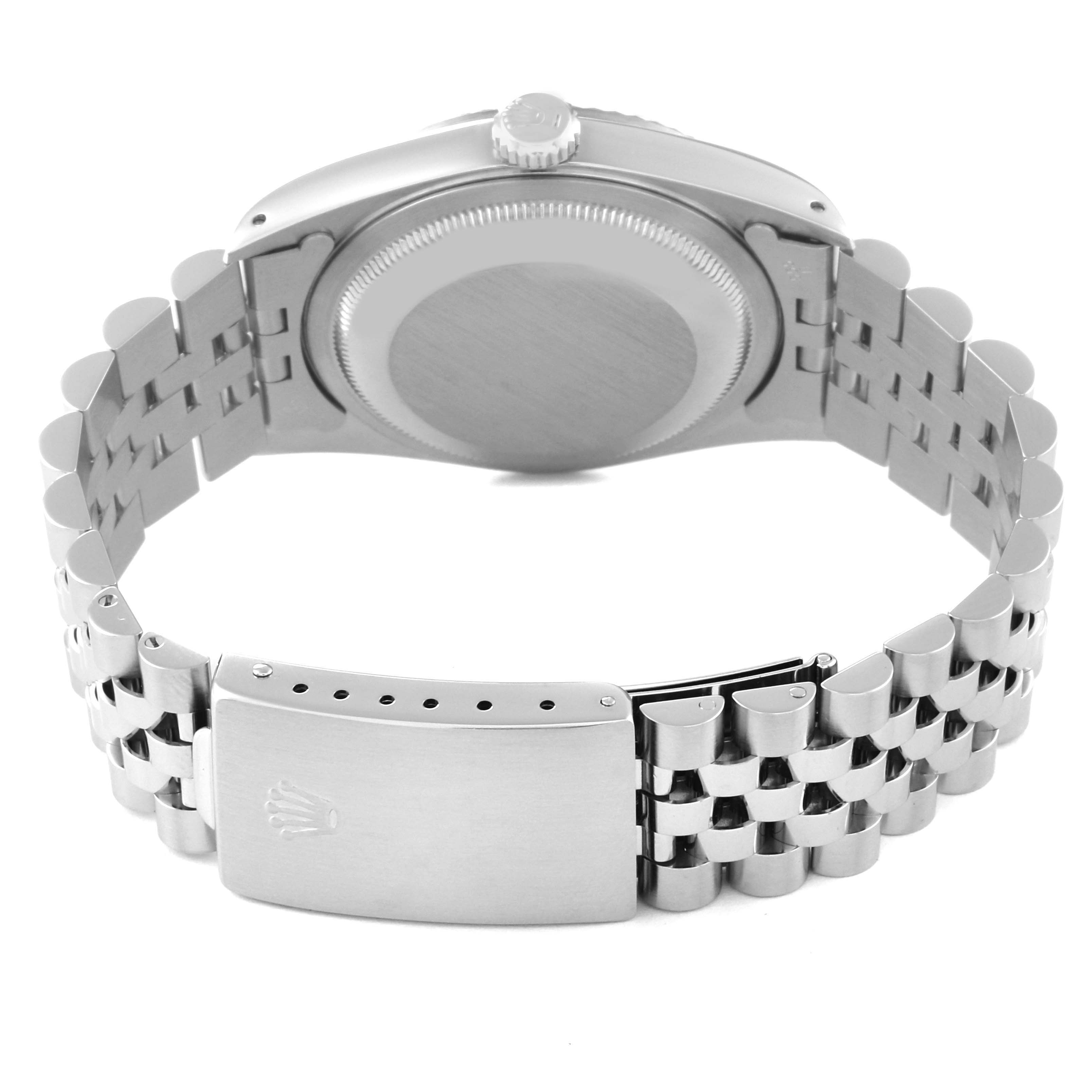 The image shows the back side of a Rolex Datejust 16234 Men's Stainless Steel Silver Dial 16234 Men's Stainless Steel Silver Dial watch focusing on the case back, clasp, and bracelet.