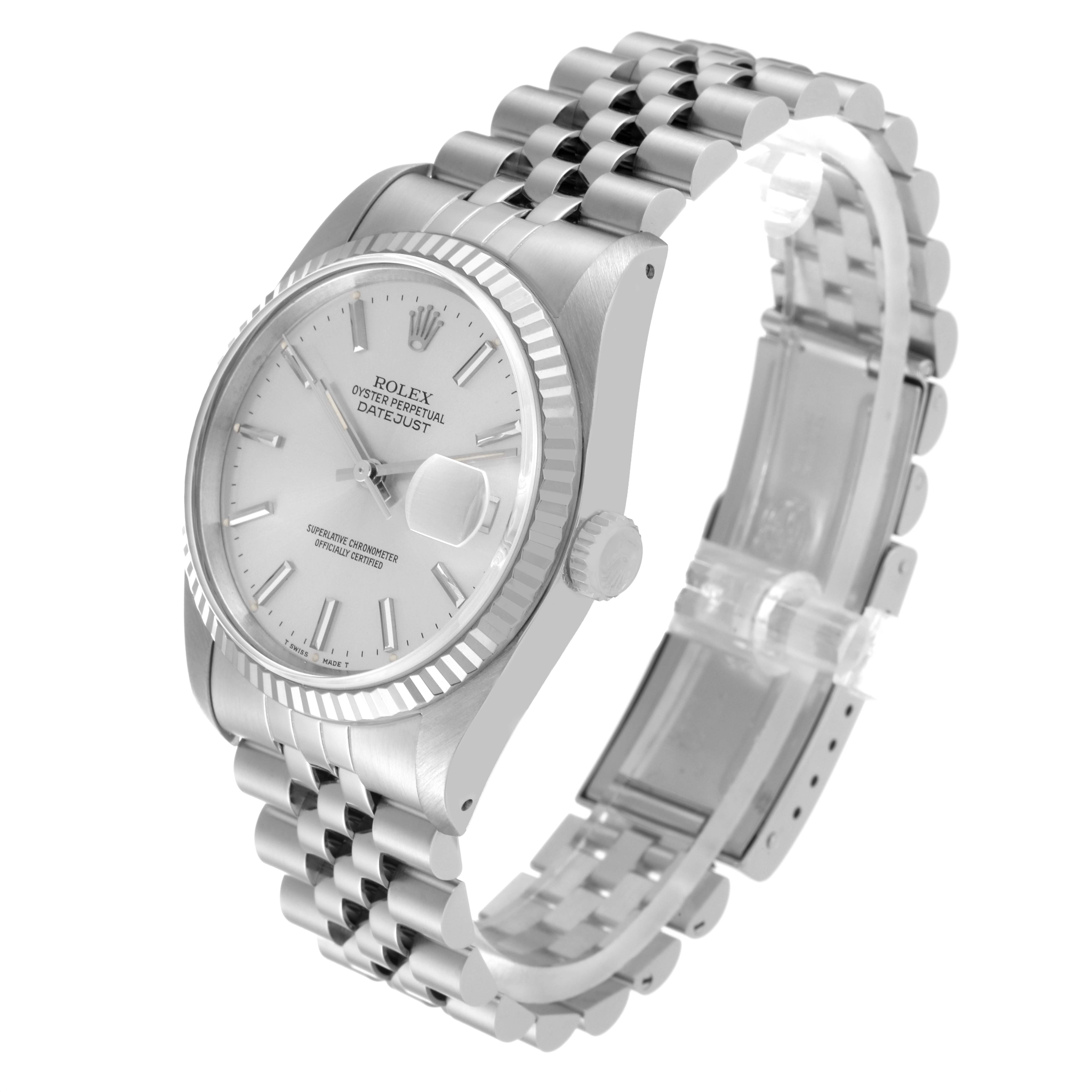 The image shows a Rolex Datejust 16234 Men's Stainless Steel Silver Dial 16234 Men's Stainless Steel Silver Dial watch at a 45-degree angle, highlighting the dial, bezel, case, and Jubilee bracelet.